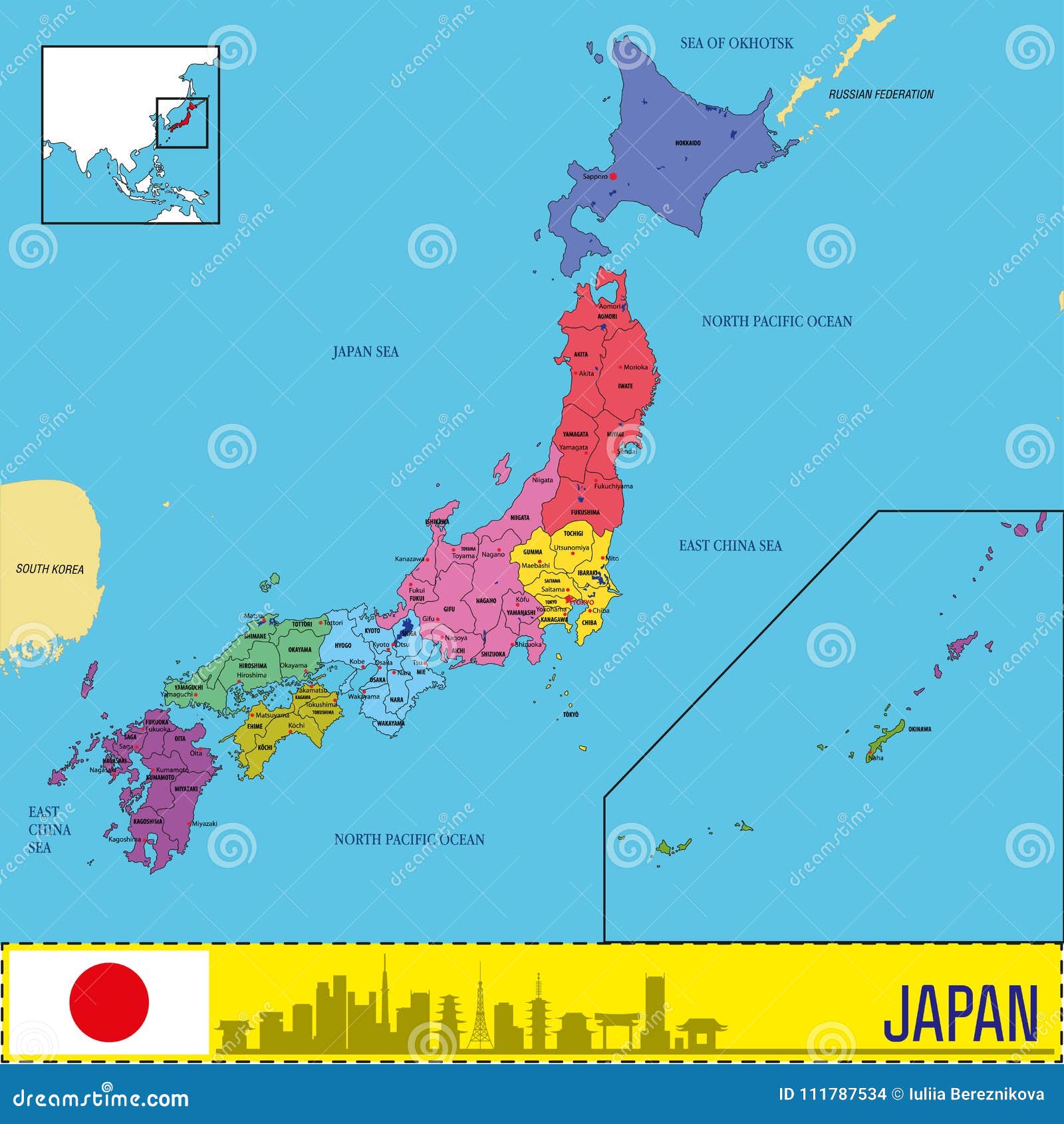 Japan Vector Map With Regions Stock Vector - Illustration of labeled, ocean: 111787534