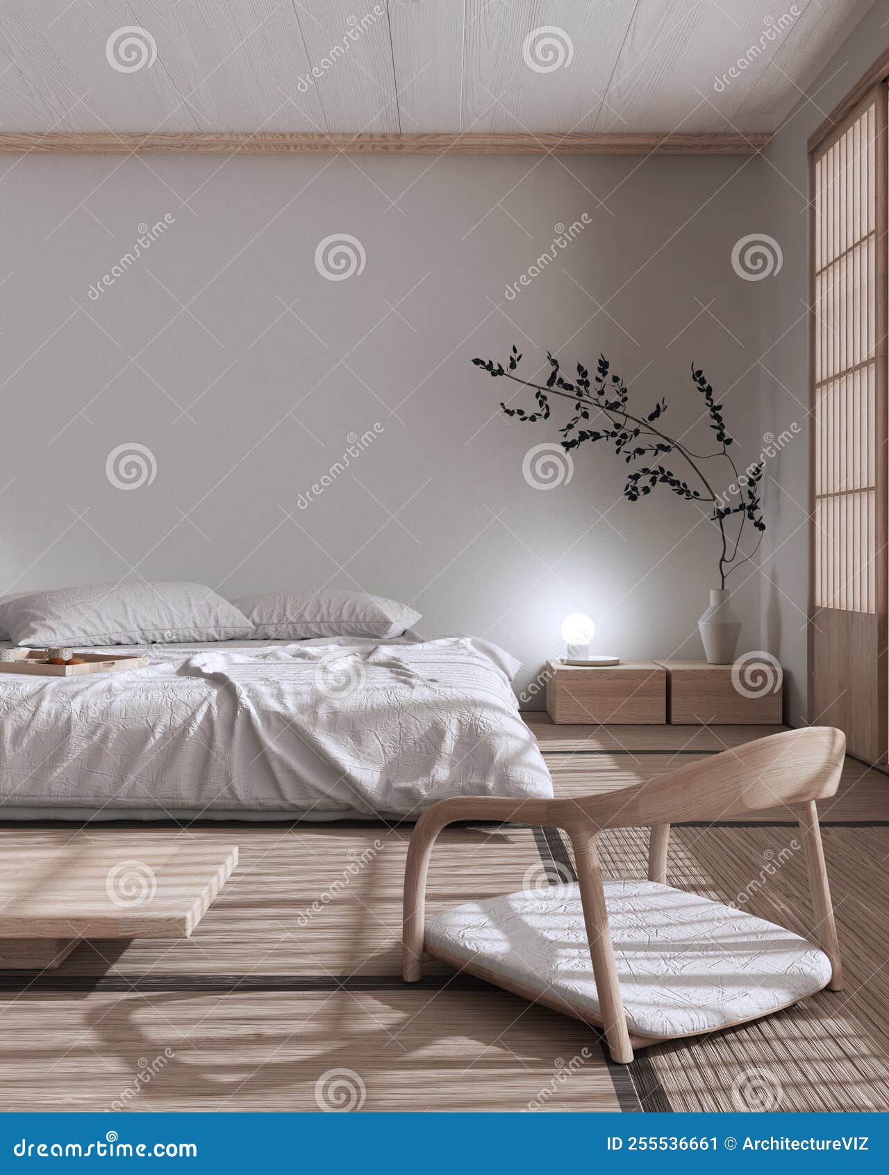 Japandi Bedroom Mock Up In White And Bleached Tones Bed With Pillows