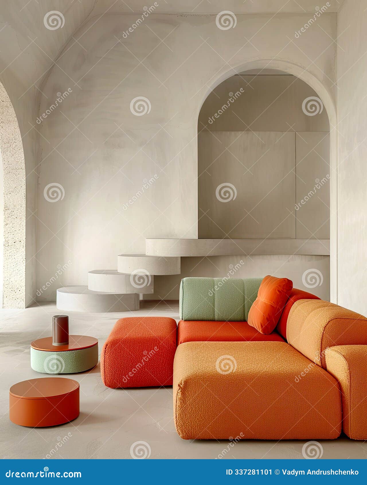 Japandi, Minimalist Interior Design Of Modern Living Room With Grey