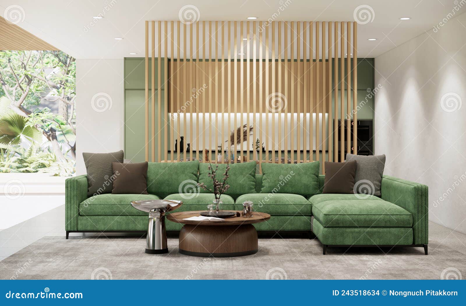 Japandi Style Living Room Interior Design and Decoration. Green ...