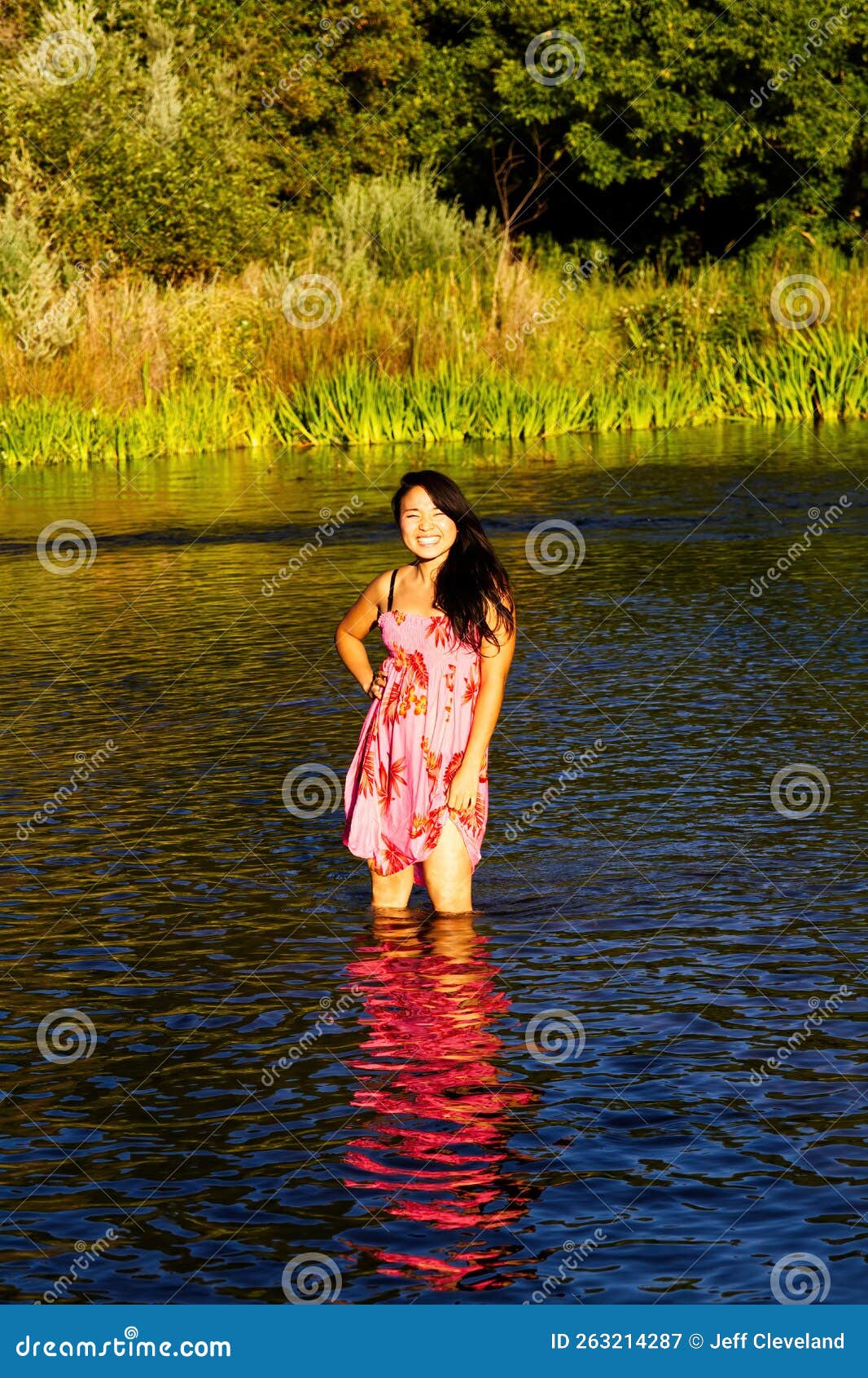 Japanese American Woman Standing In River Pink Dress Stock Image Image Of Squinting Japanese