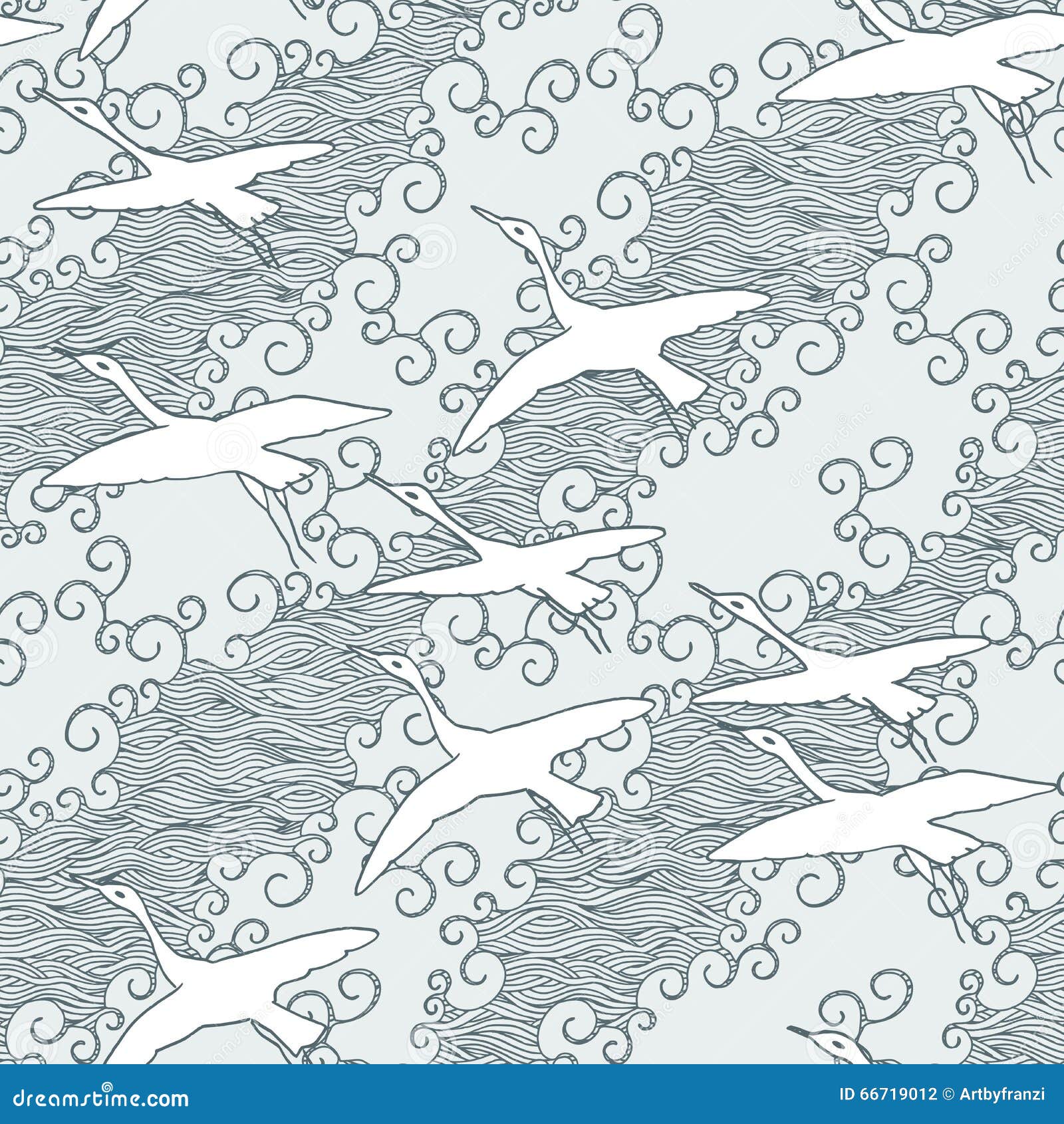 japanese art inspired seamless pattern with birds and waves