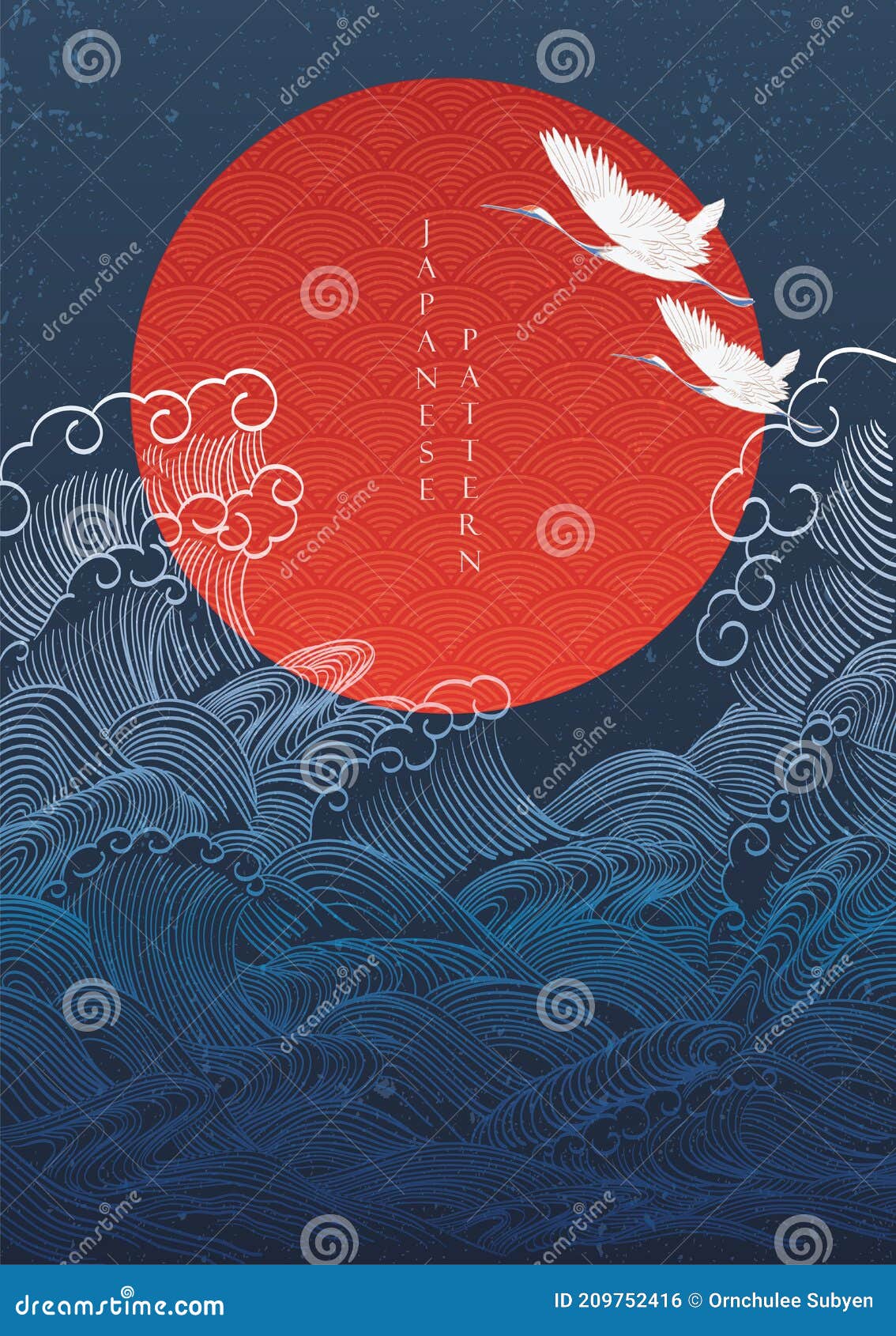 japanese background with crane birds decoration . hand drawn wave with red circle  s in oriental style