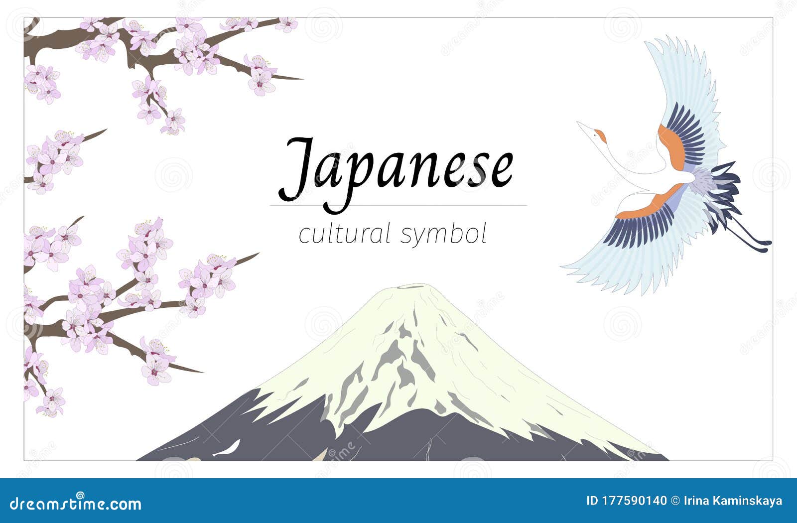 japanese banner with traditional fuji  in flat style.   of sakura branches and tsuru in the sky for cards