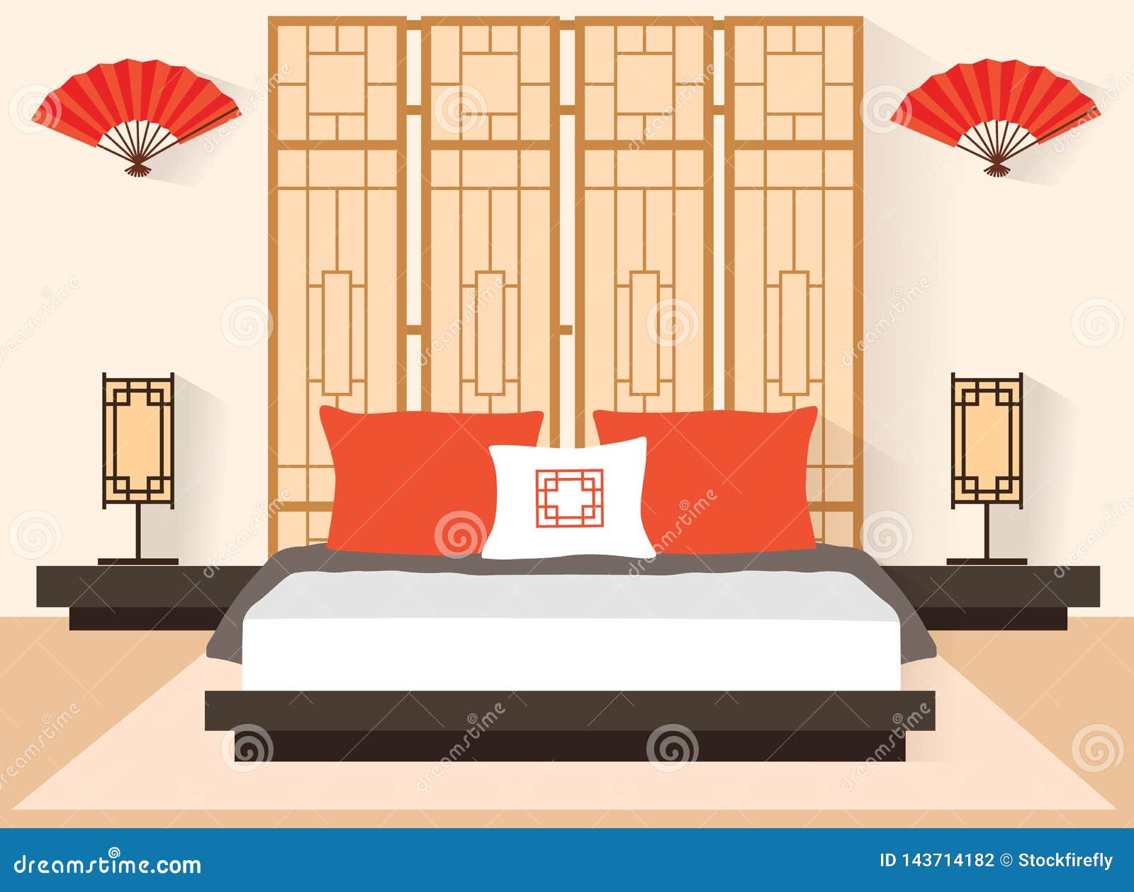Japanese Bedroom In Flat Style. Vector Interior Room With Furniture And A  Bed Stock Vector - Illustration Of Eastern, Pillows: 143714182