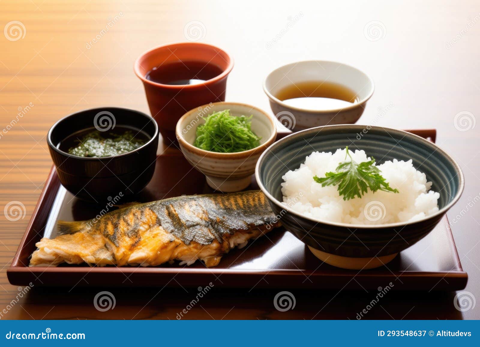 Japanese Breakfast with Grilled Fish, Rice, and Miso Soup Stock Image