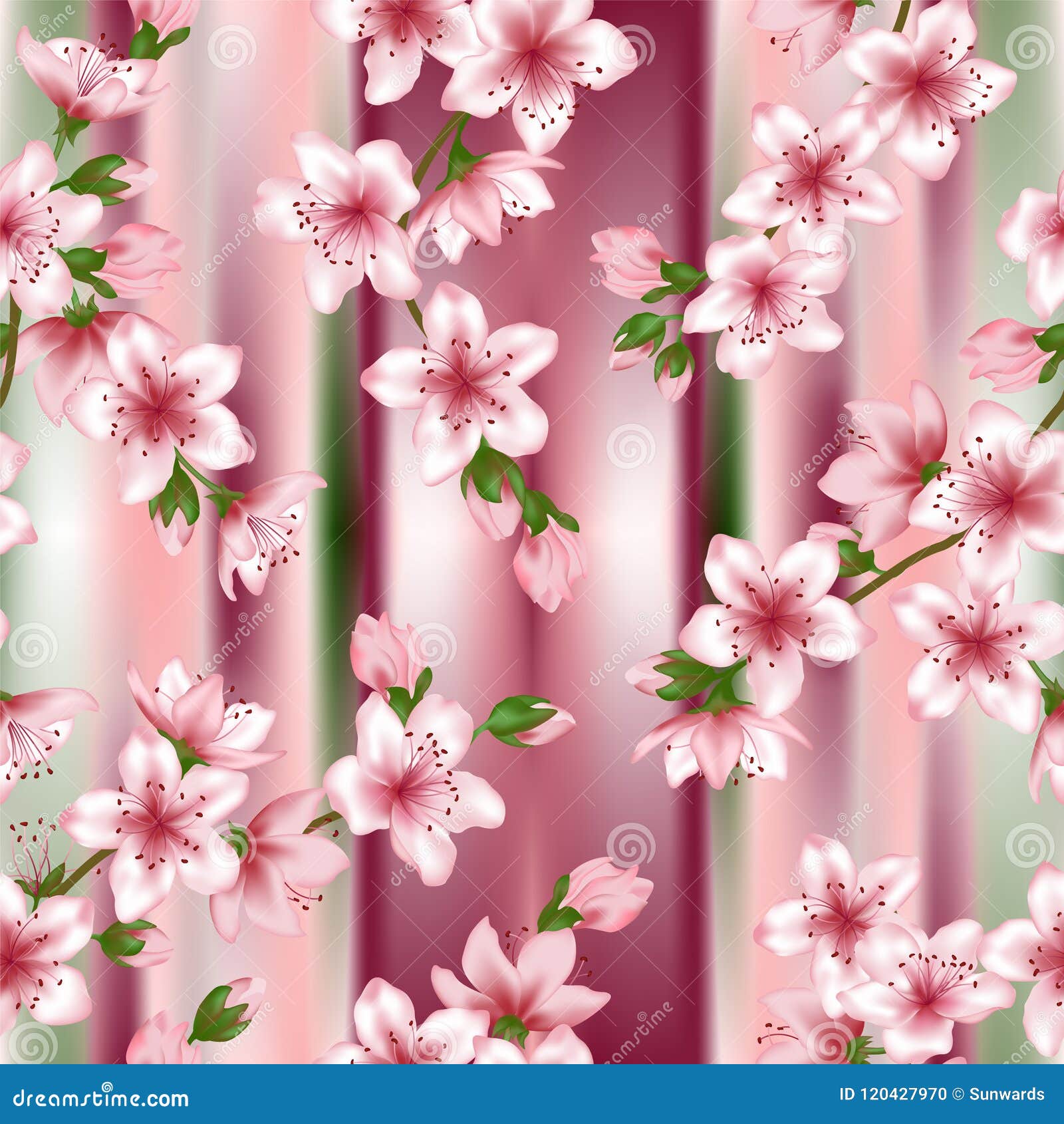 Japanese Cherry Blossom Sakura Branches Vector Seamless Pattern