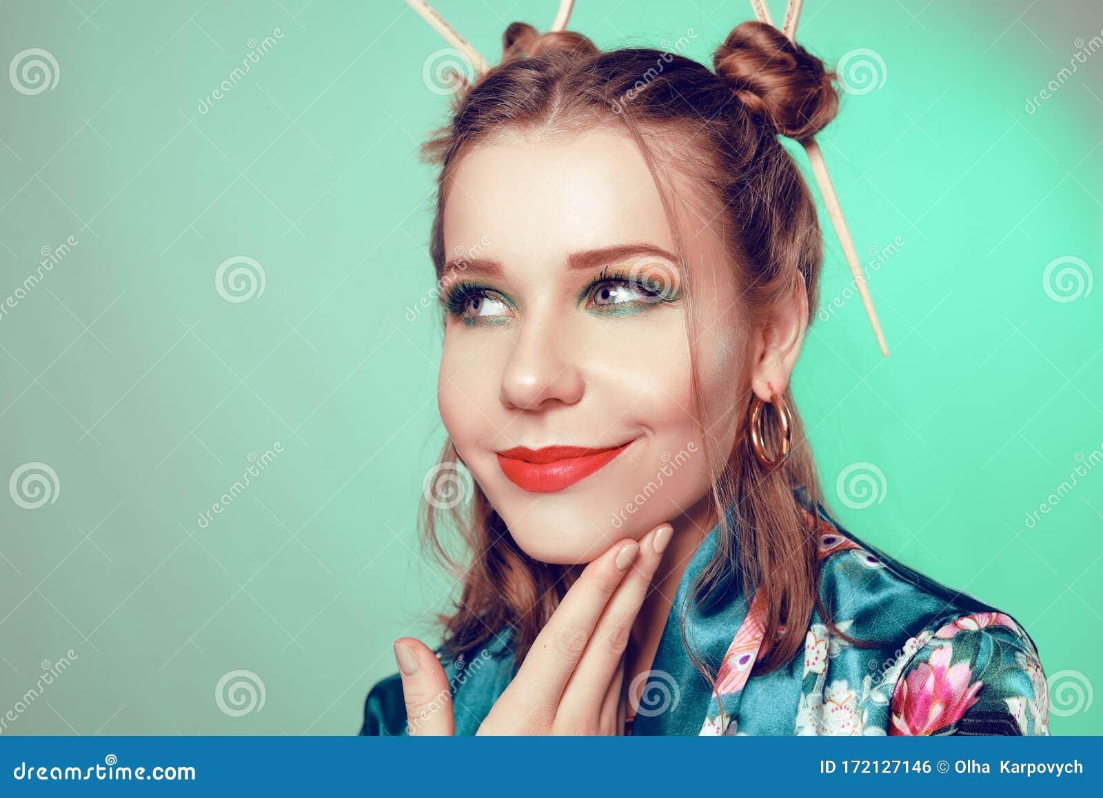 Japanese / Chinese / Asian Style Girl with Chopsticks in Her Hair. Girl with an Interesting Hairstyle, on a Green Background in a Stock Photo - Image of background, people: 172127146 Japanese / Chinese / Asian Style Girl with Chopsticks in Her Hair. Girl with an Interesting Hairstyle, on a Green Background in a Stock Photo - Image of background, people: 172127146