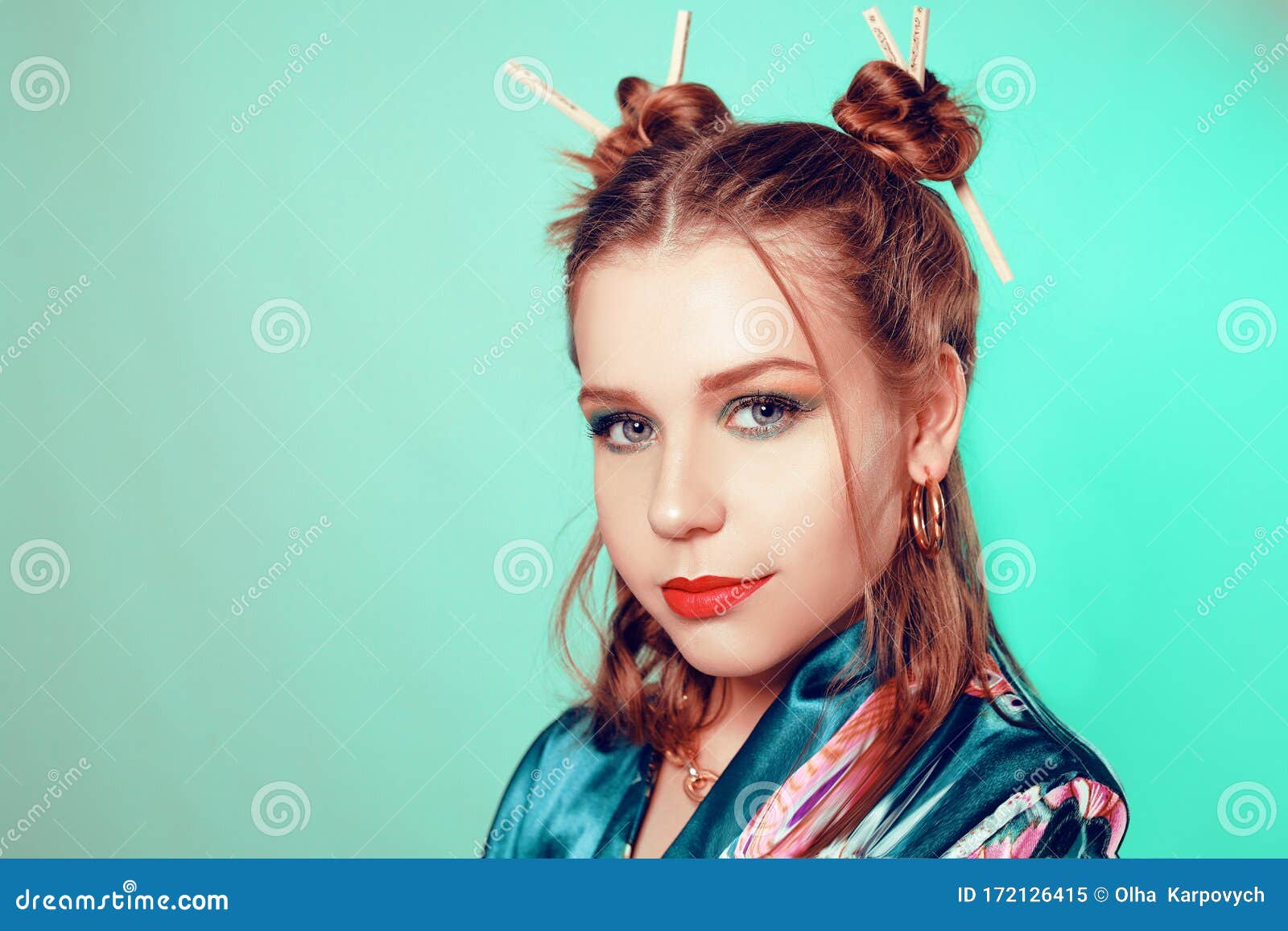 Japanese / Chinese / Asian Style Girl with Chopsticks in Her Hair. Girl  with an Interesting Hairstyle, on a Green Background in a Stock Image -  Image of person, meal: 172126415