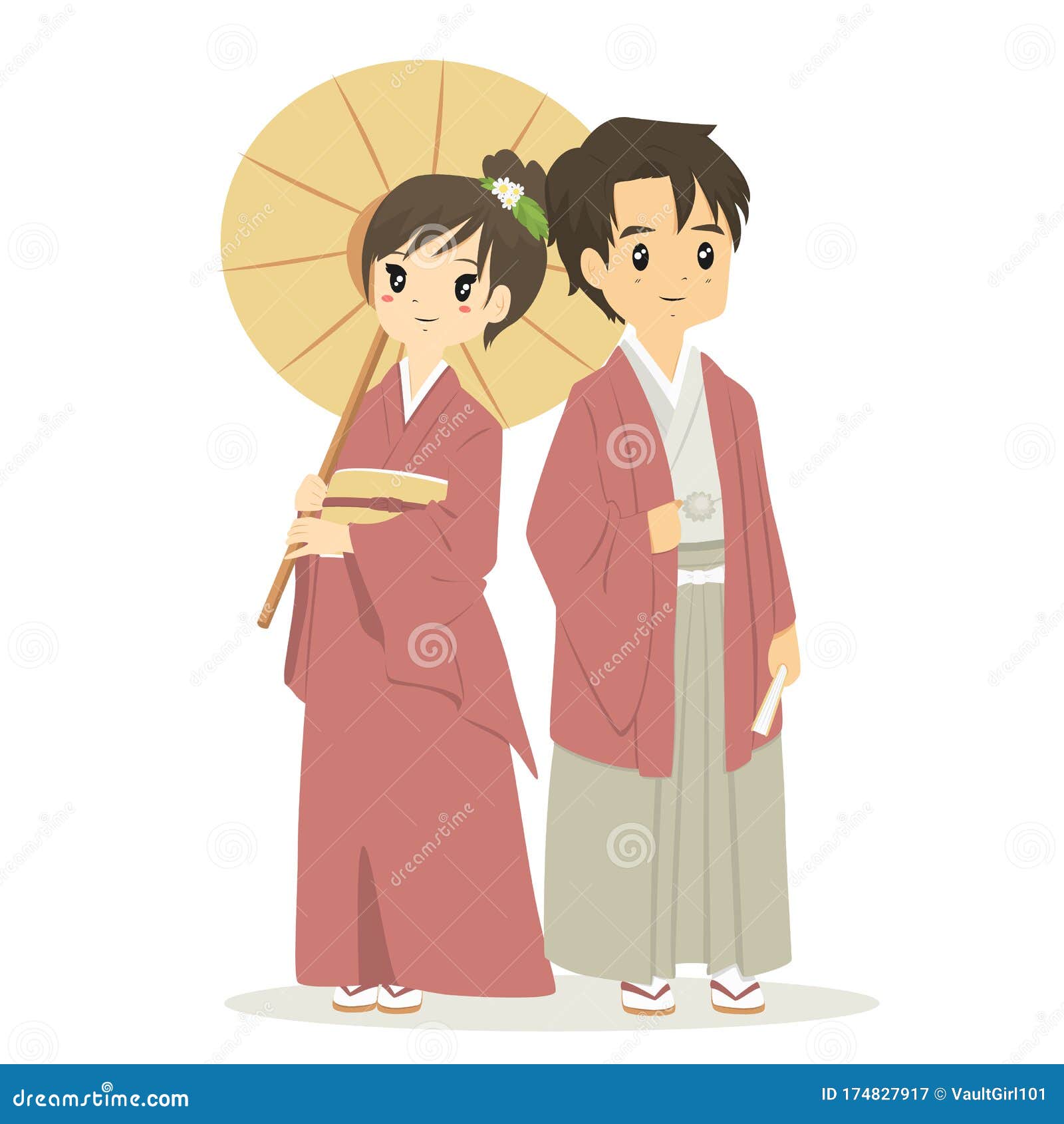 Japanese Couple in Traditional Kimono Dress Vector Stock Vector ...