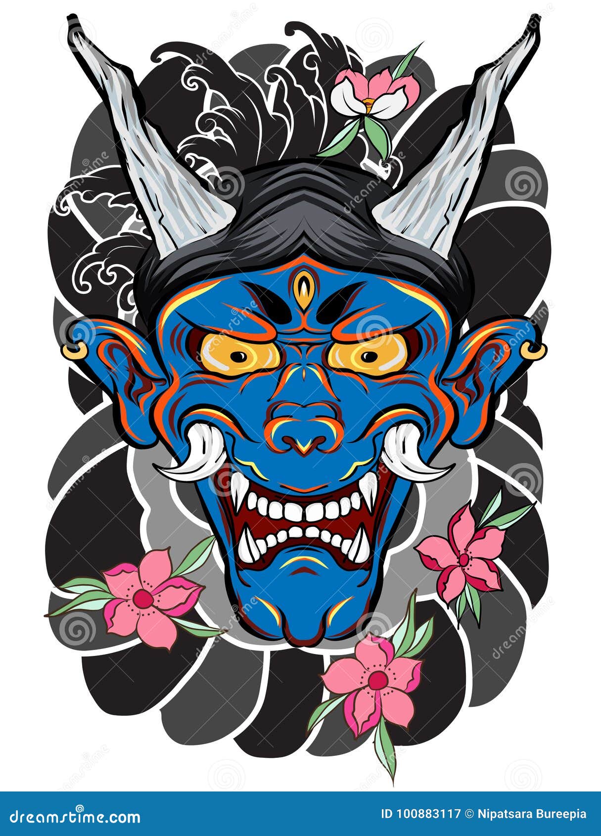 Japanese Demon Mask Tattoo for Arm. Hand Drawn Oni Mask with Cherry Blossom  and Peony Flower. Japanese Demon Mask on Wave and Saku Stock Vector -  Illustration of japan, mask: 100883117
