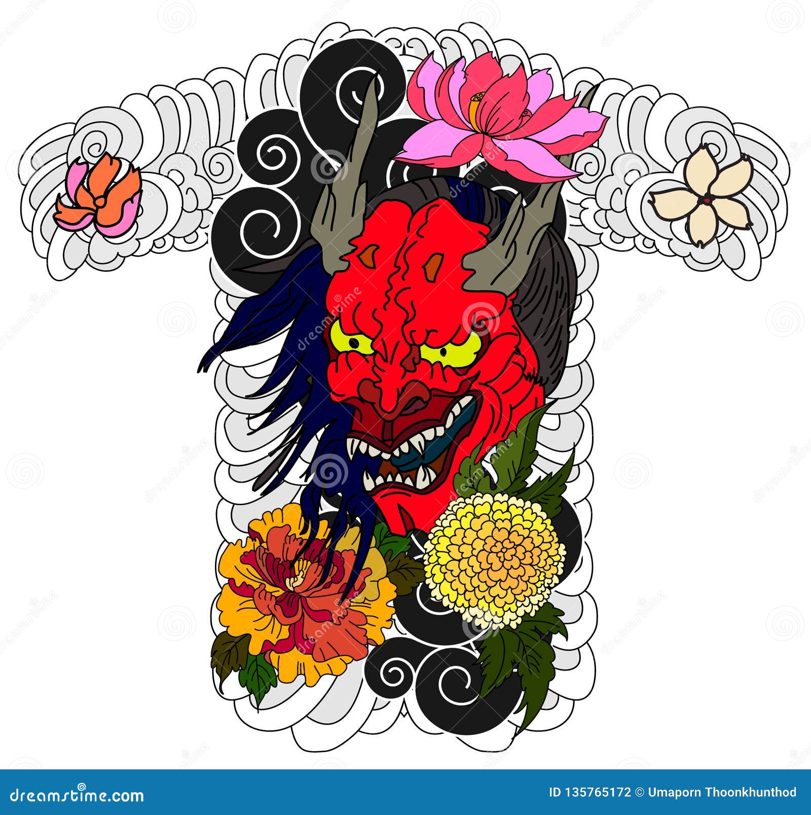 Japanese Demon Mask Tattoo Lotus With Marigold Flower And Peony Flower On Cloud Stock Vector Illustration Of China Colorful