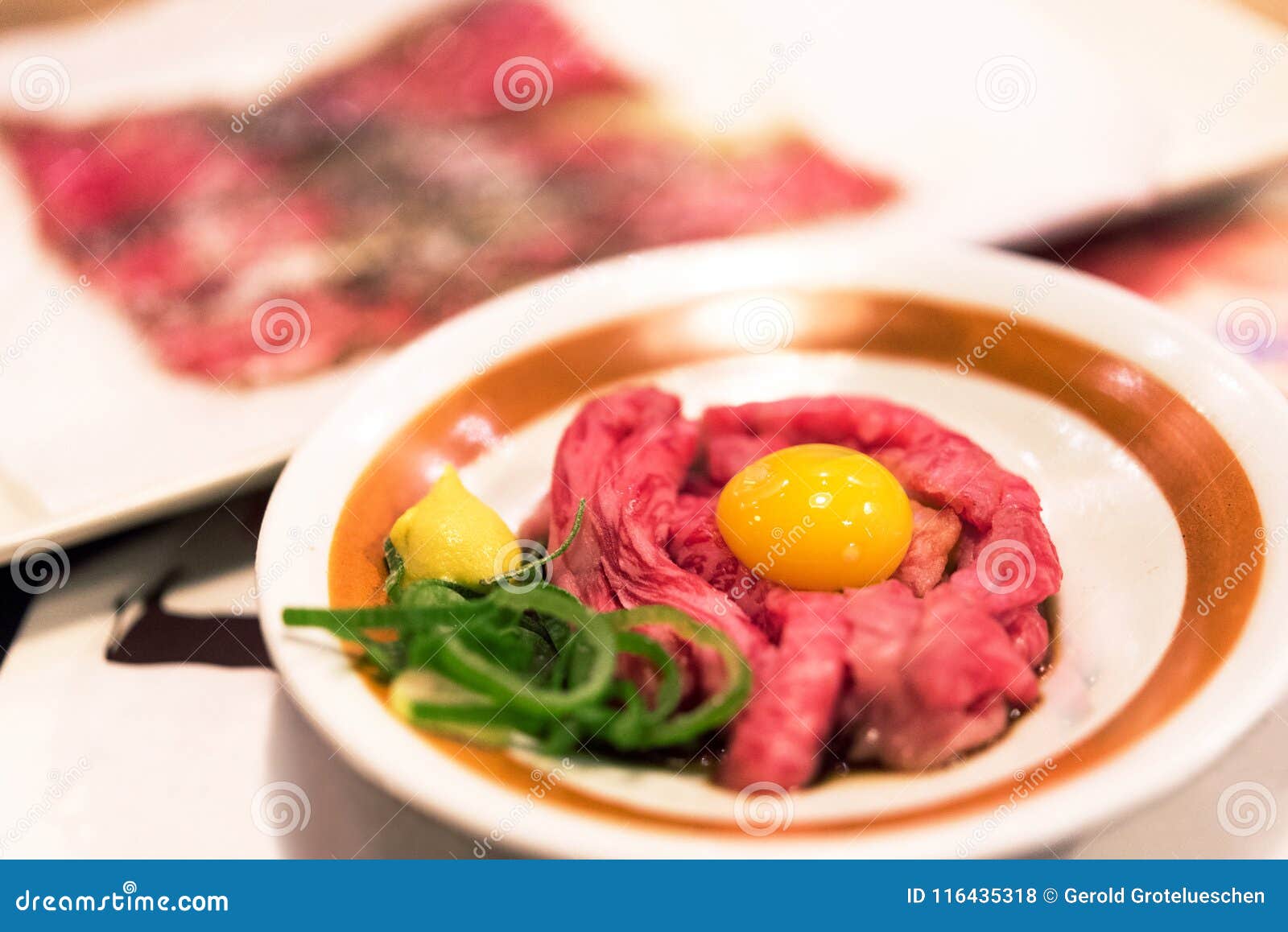 Japanese Dish of Beef with Raw Egg, Tokyo, Japan. Closeup. Stock Photo