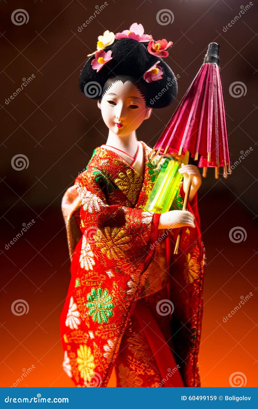 Japanese Female Kimono Doll Wearing Red Paper Umbrella With Flowers In ...