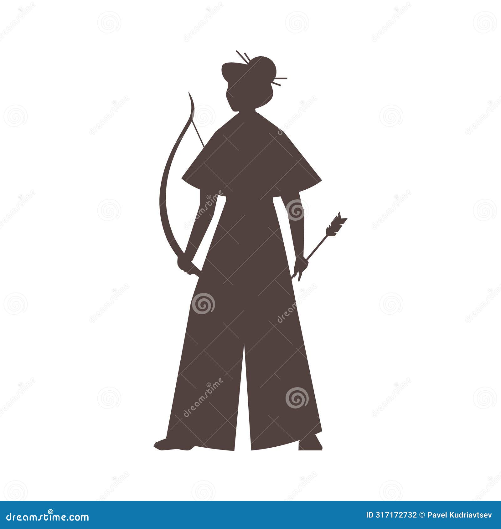 Japanese Female Warrior Archer Vector Black Silhouette, Armored