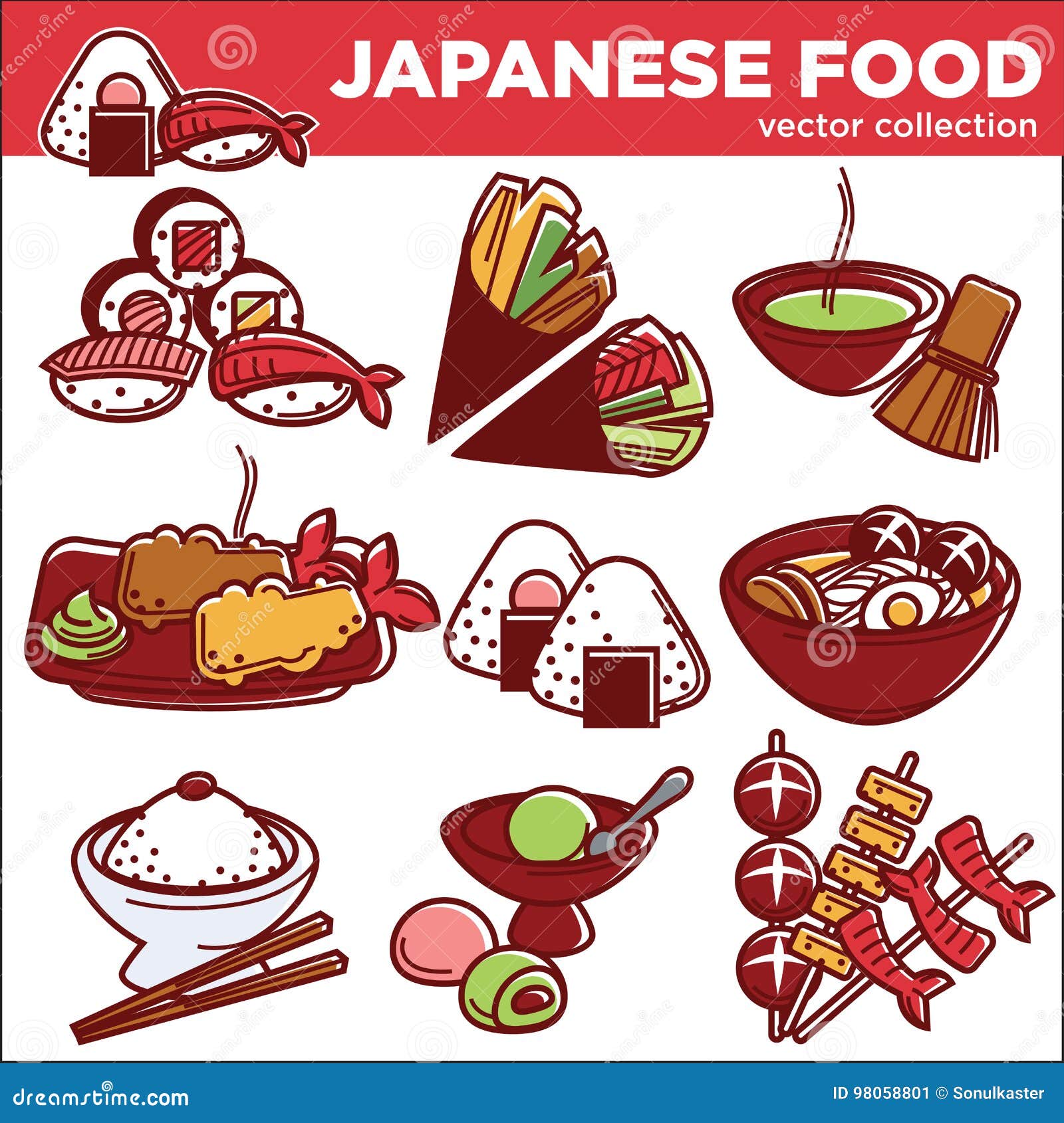 Japanese cuisine dishes vector illustration set  Japanese food menu,  Japanese food traditional, Japanese food names