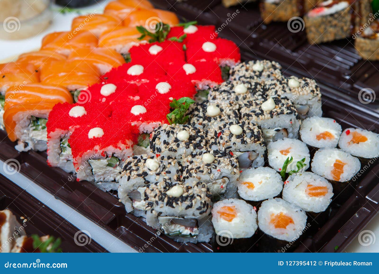 Download Japanese Food Rolls In Plastic Box. Sushi Set In A Plastic ...