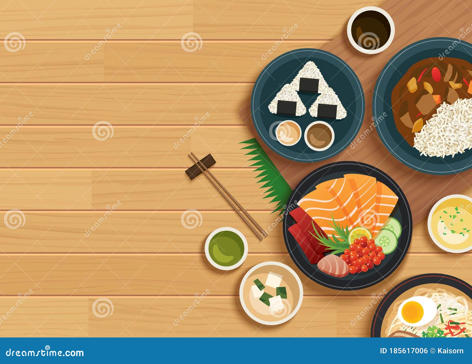 Japanese Food on Top View Wooden Background Stock Vector - Illustration of  cooking, asia: 185617006