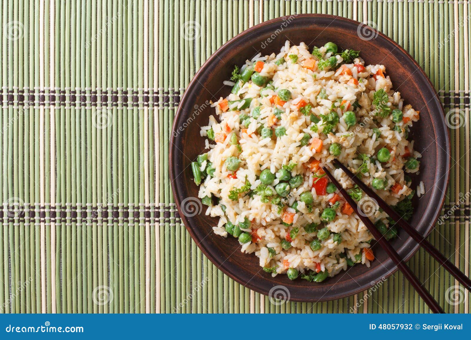 Japanese Fried Rice with Egg and Peas Top View Horizontal Stock Photo