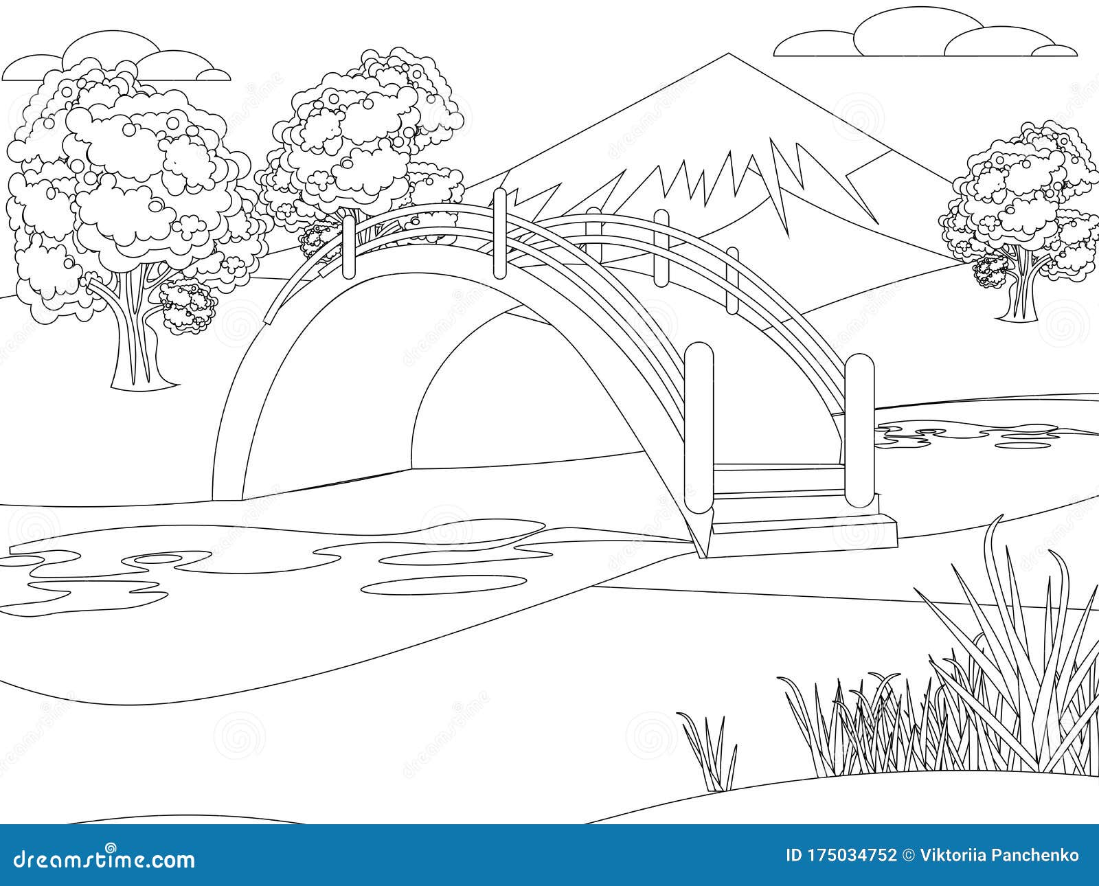 Japanese Garden, Nature, Park. Mountain Background. Bright, Children Drawing.  in Minimalist Style. Cartoon Flat Raster Stock Illustration - Illustration  of children, design: 175034752