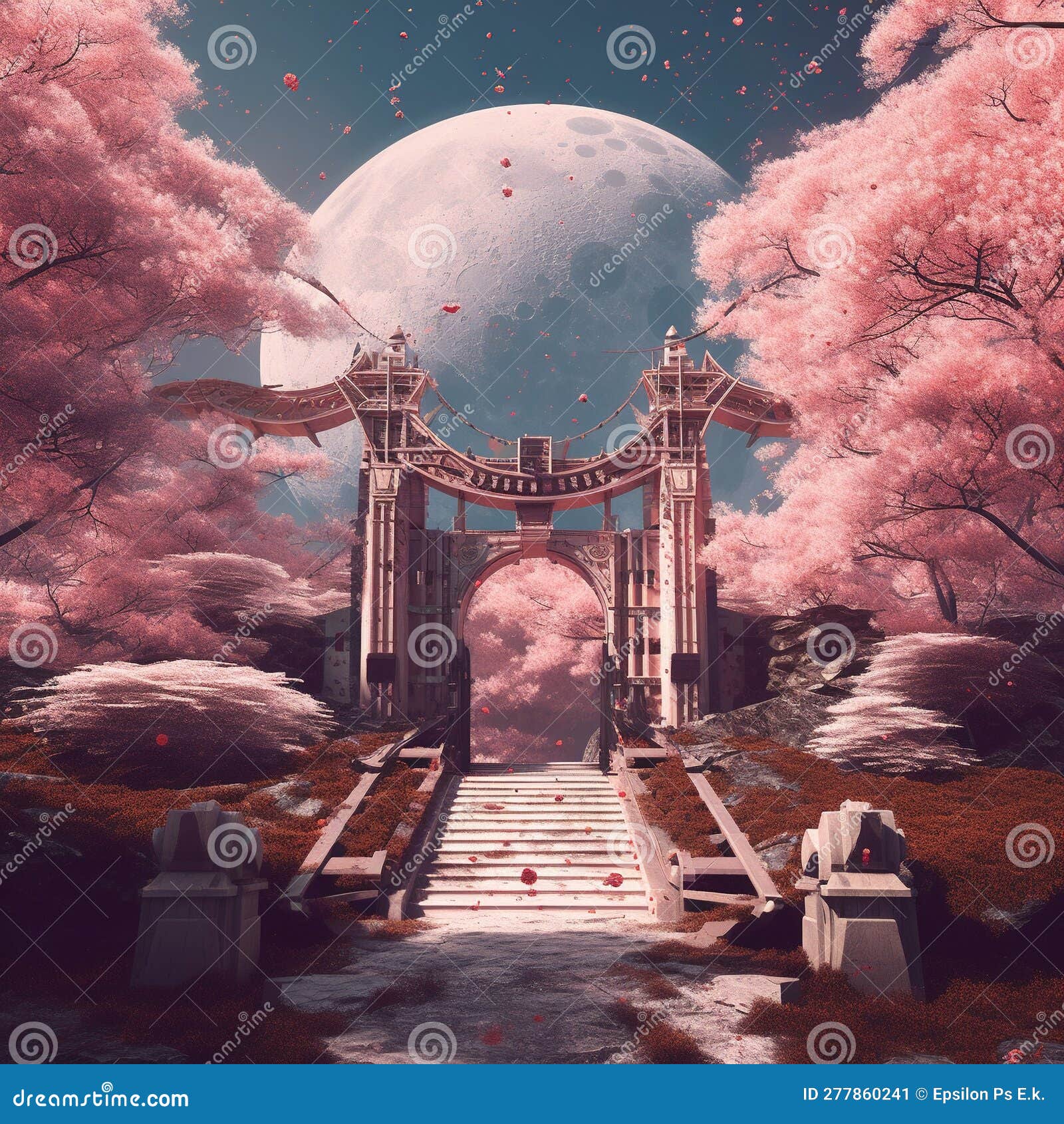 Japanese Gate Surrounded by Blossoming Sakura Trees with a Moon in the
