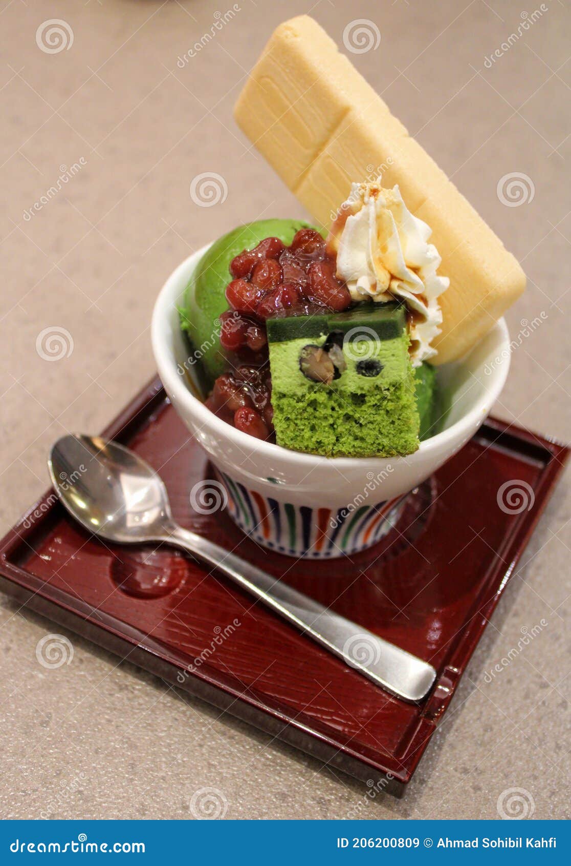 Japanese Green Tea Ice Cream with Red Bean and Vanilla Cream Stock