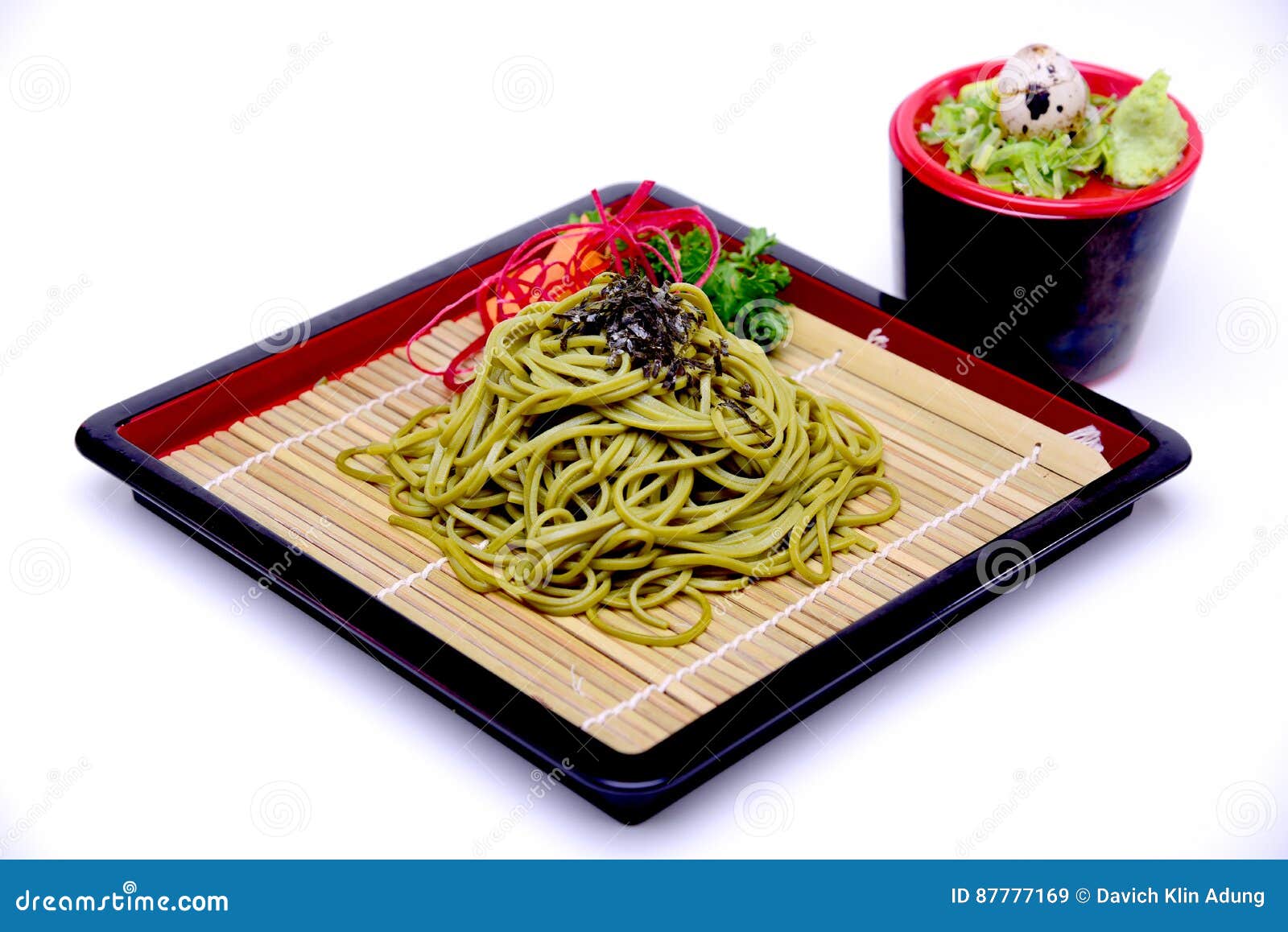 japanese greentea soba noodles with dipping sauce , cha soba iso