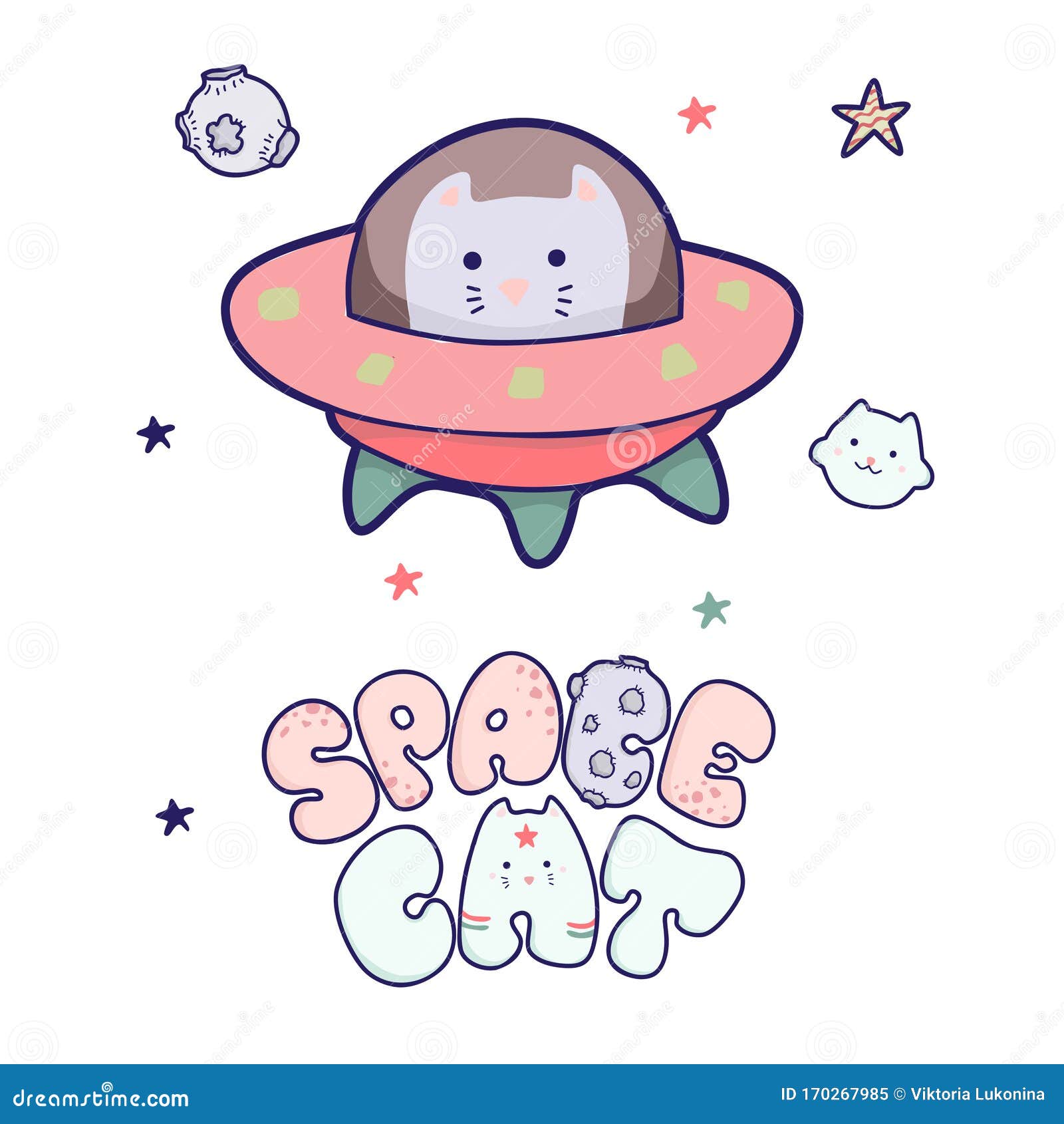 Japanese Kawaii Cat Travels in Space and the Inscription Lettering ...