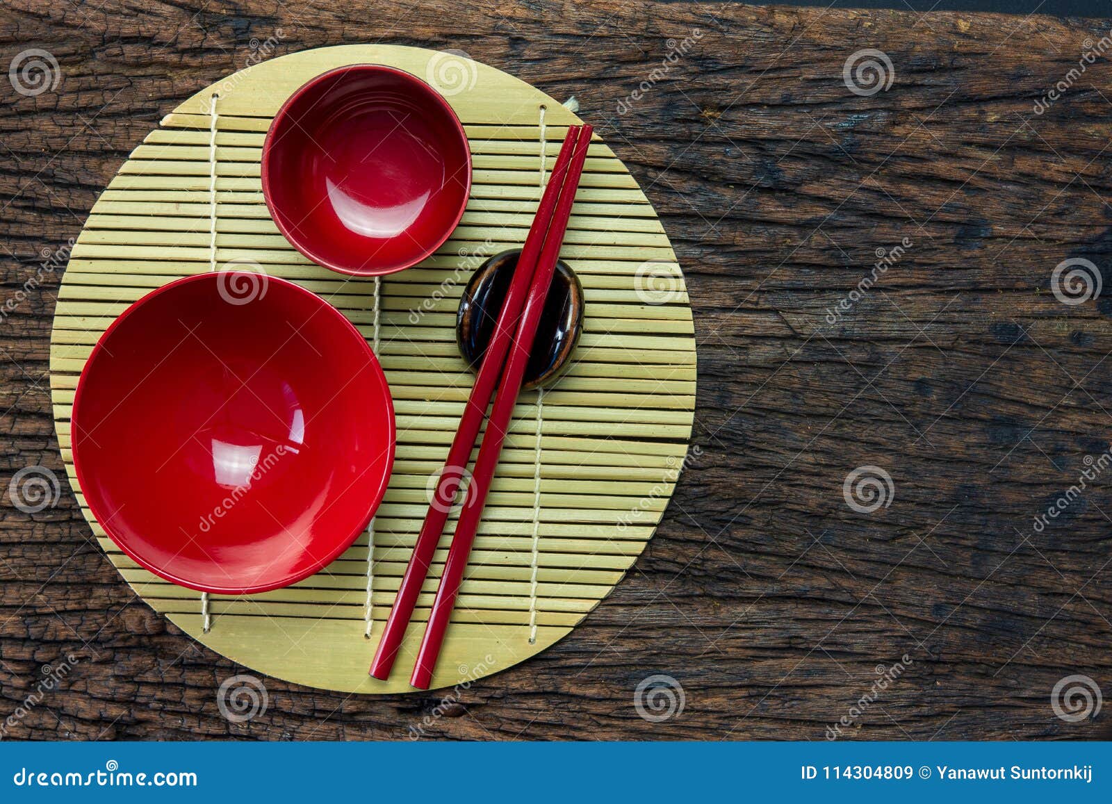 Japanese Kitchenware Set of Red Chopsticks, Bowls and Cup on Bamboo Mat ...