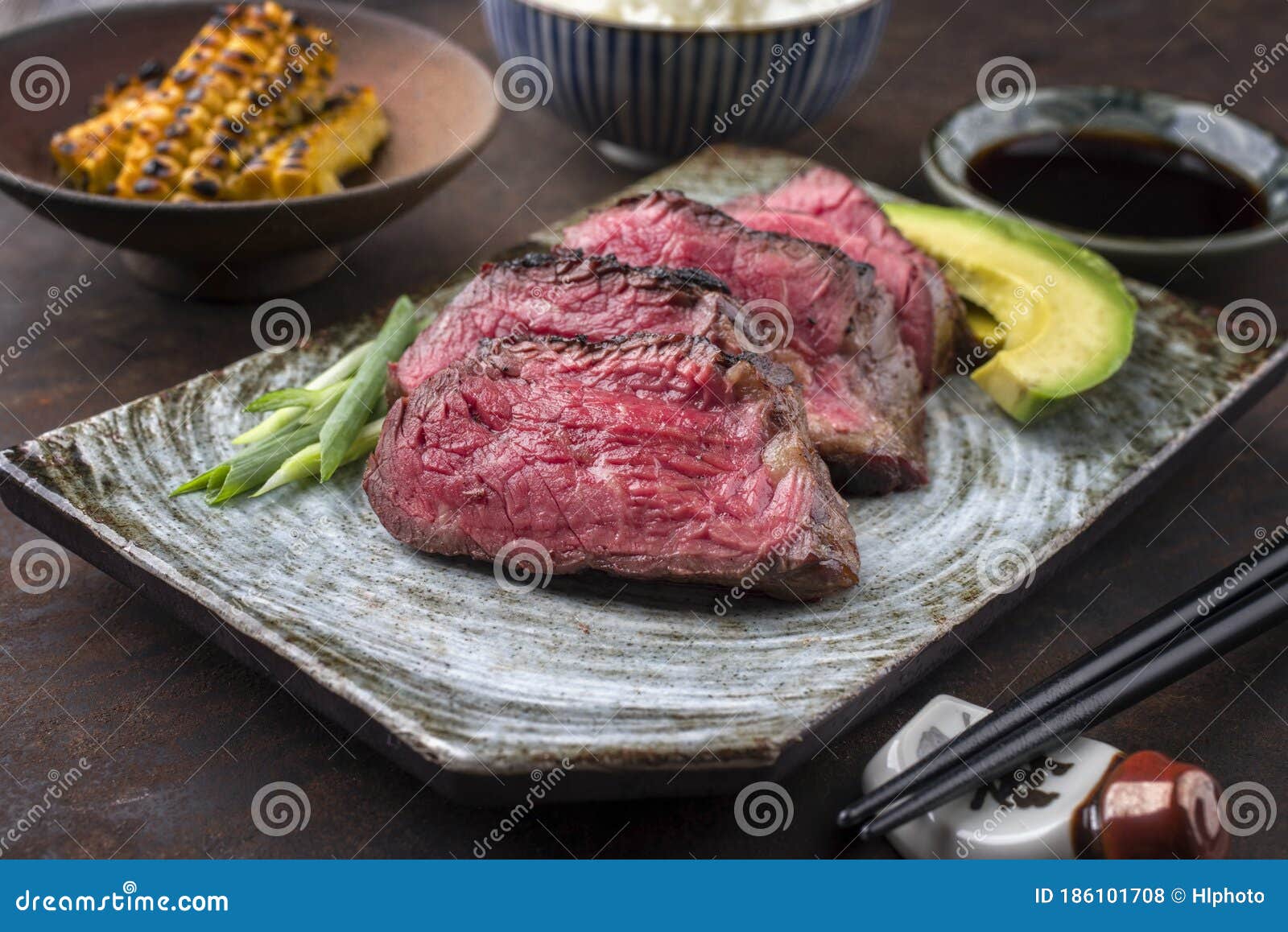 Japanese Kobe Steak Fillet Offered With Rice And Avocado On A Modern Design Plate Stock Photo Image Of Chopstick Entrecote 186101708