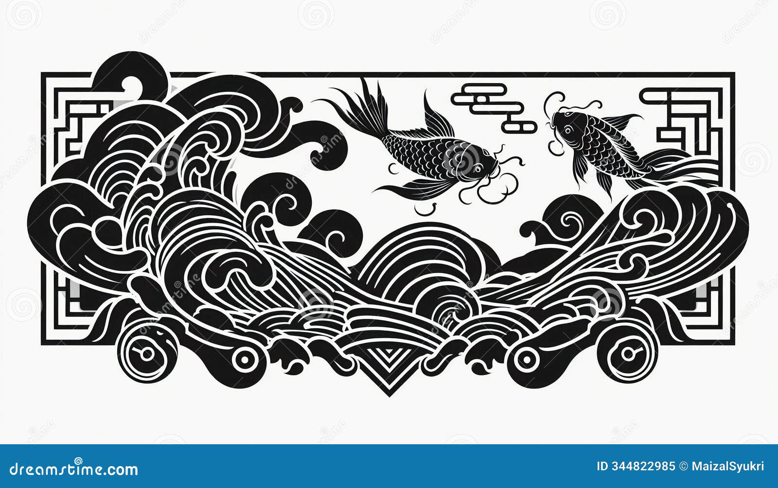 japanese koi fish and wave border silhouette ornament