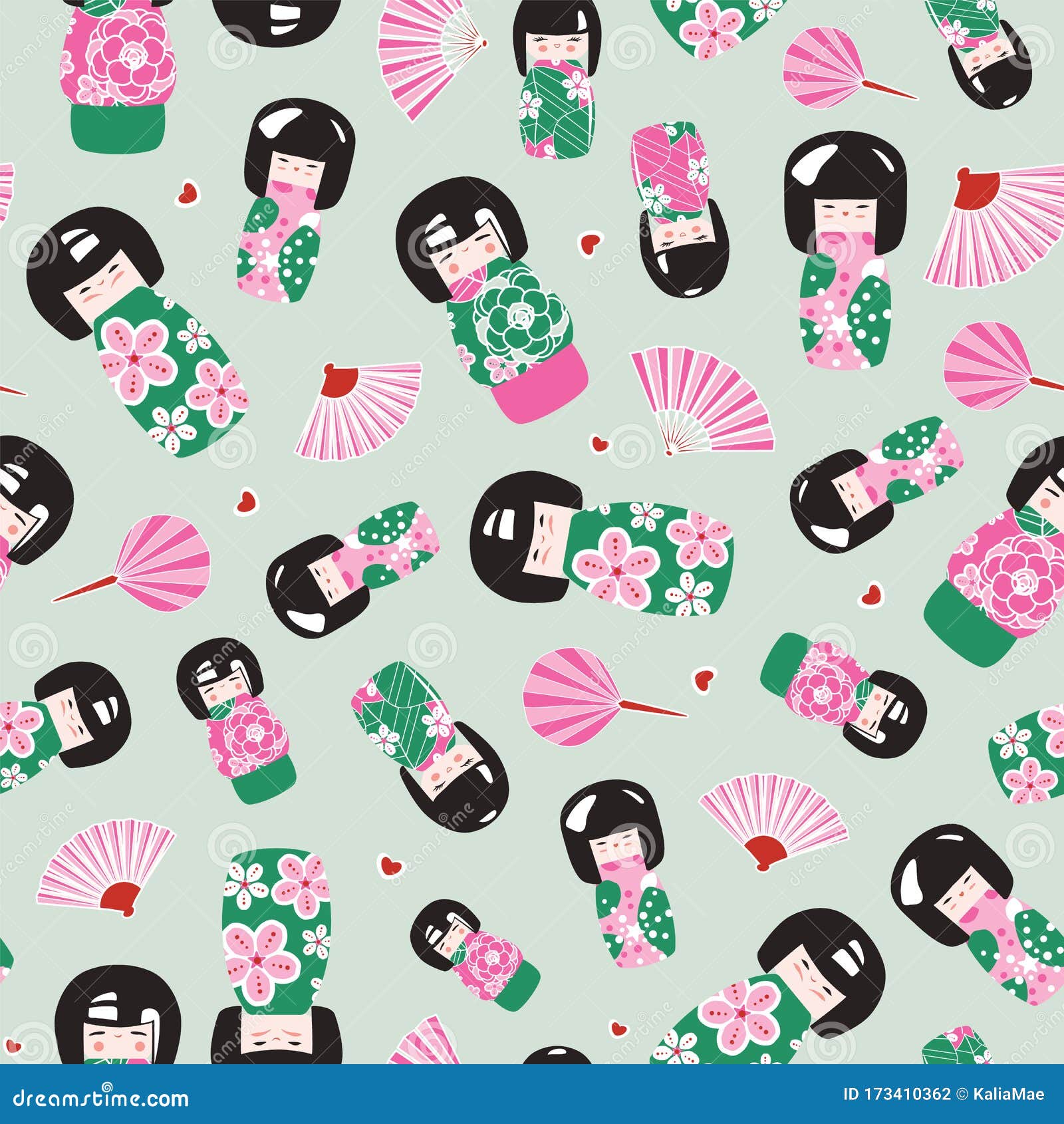 japanese kokeshi dolls and folding fans. seamless pattern background  print.  