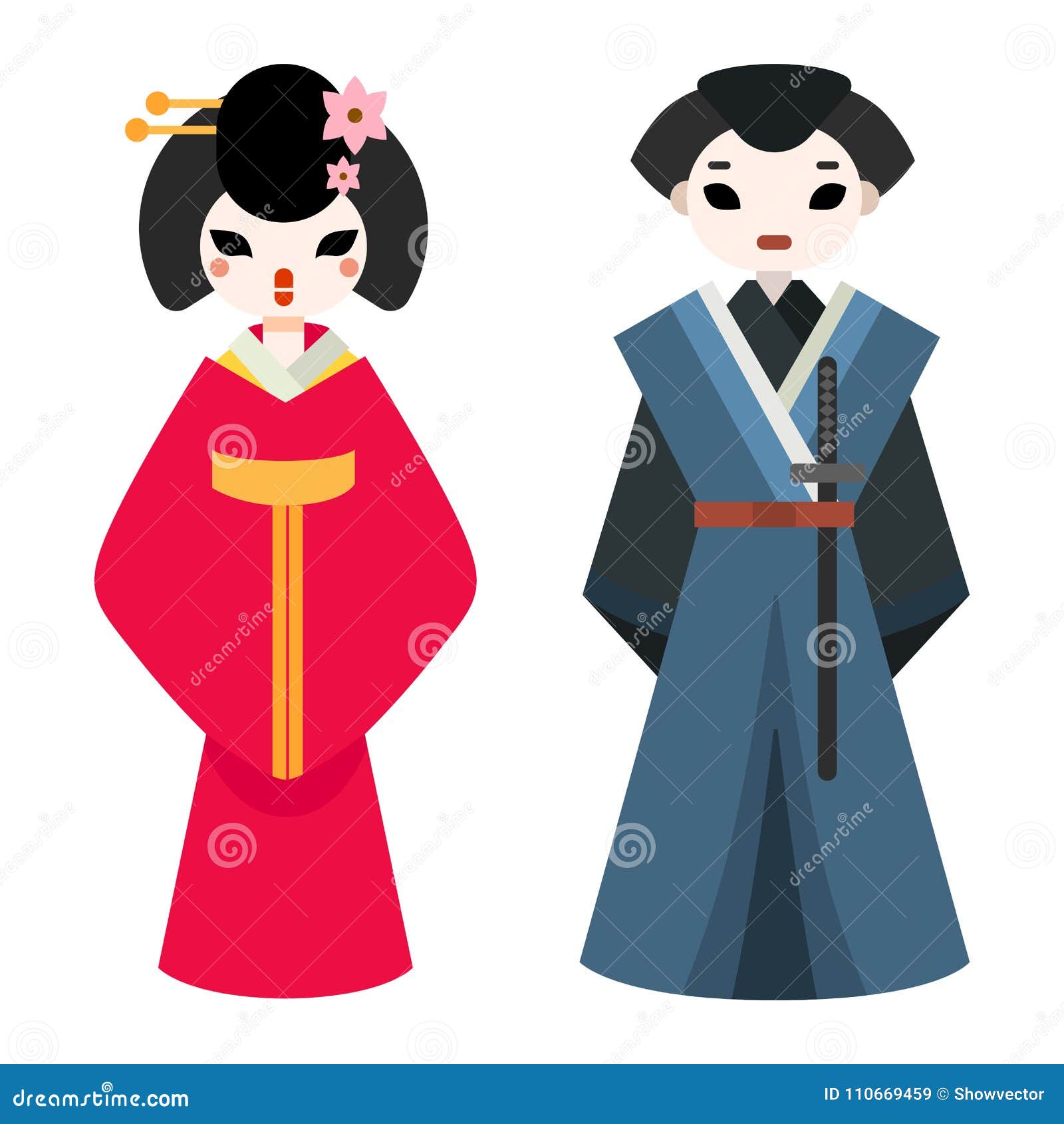 Japanese Man and Woman Folk Art Maiden Character Vector. Stock Vector ...