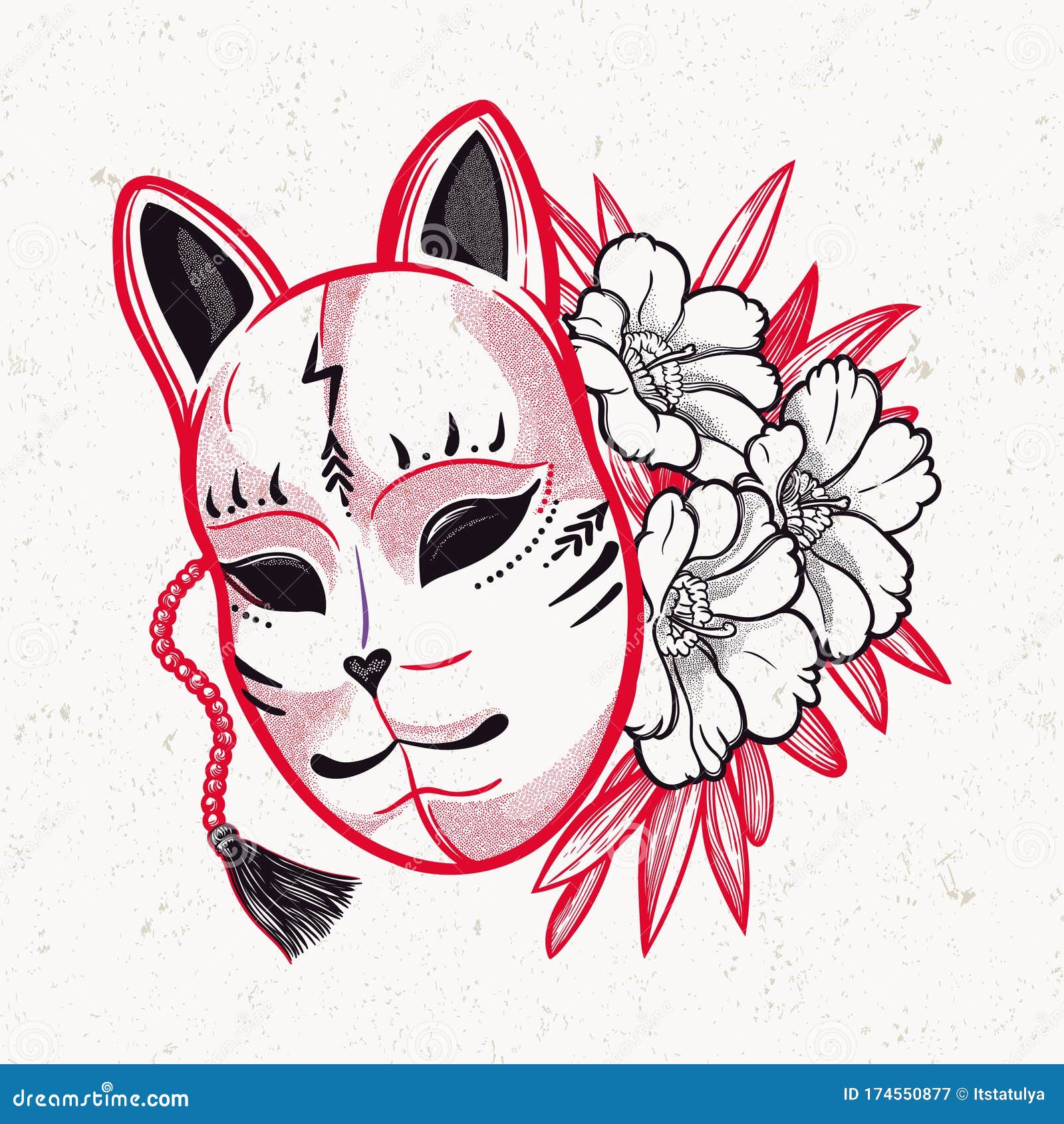 japanese mask fox with flowers.   art. print on poster, card, sticker.