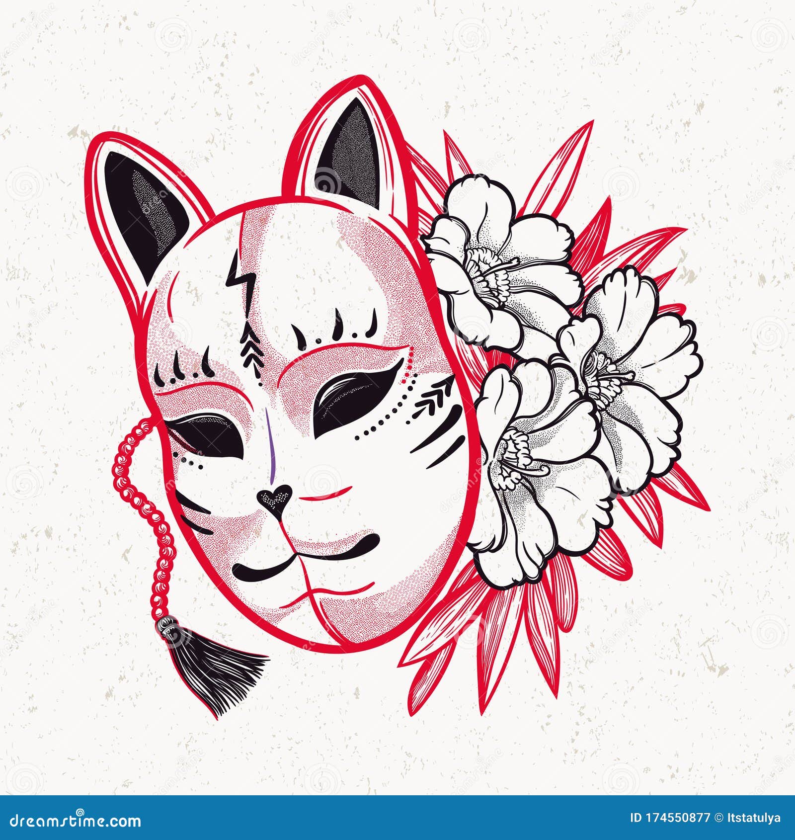 Japanese Mask Fox with Flowers. Isolated Vector Art. Print on Poster ...