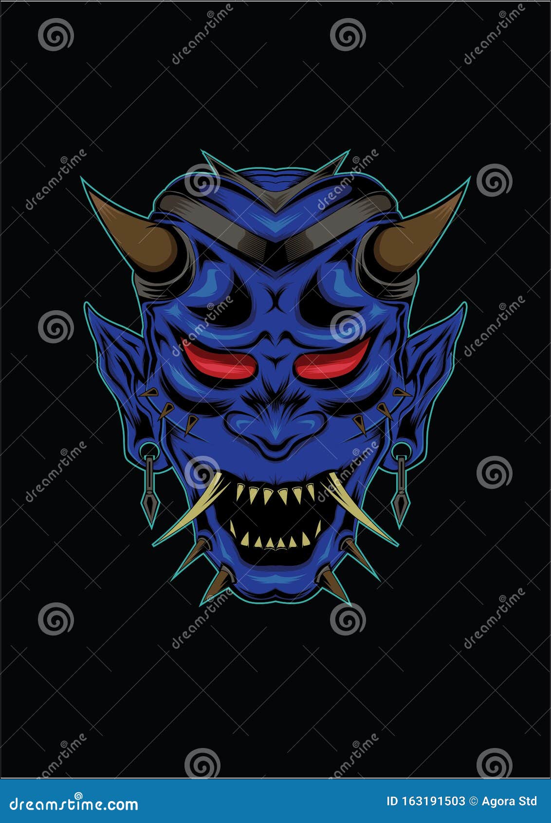 Japanese Mask of Kabuki. Blue Devil Face Illustration.head of Monster