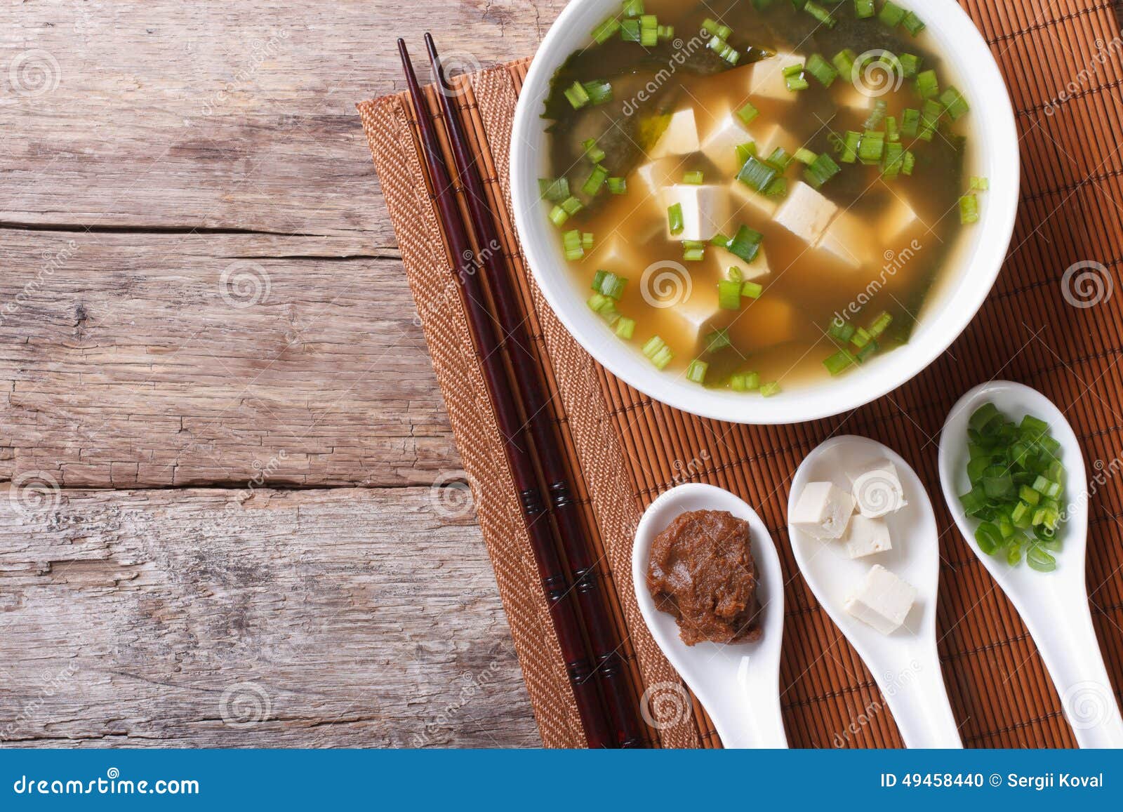 Japanese Miso Soup and Ingredients. Top View of a Horizontal Stock