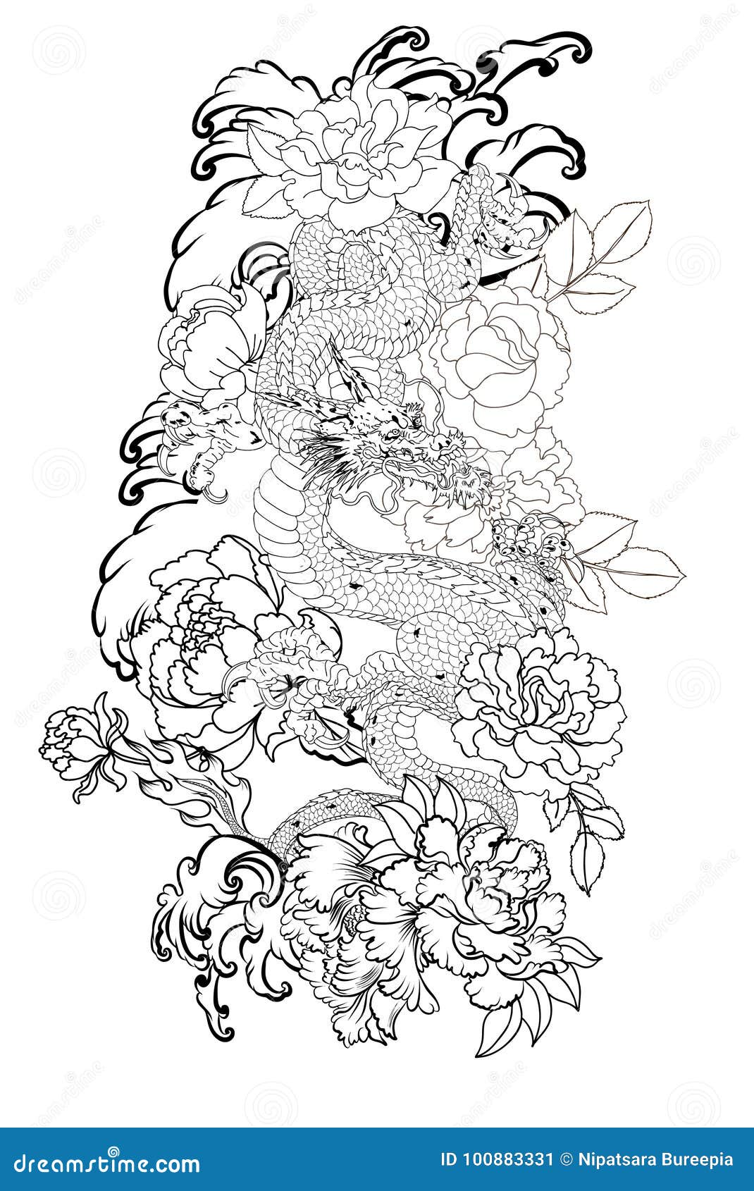 Japanese Old Dragon Tattoo for ArmHand Drawn Dragon with Peony  Flowerlotusrose and Chrysanthemum Flower and Water Splash Stock Vector   Illustration of drawn beautiful 112017582
