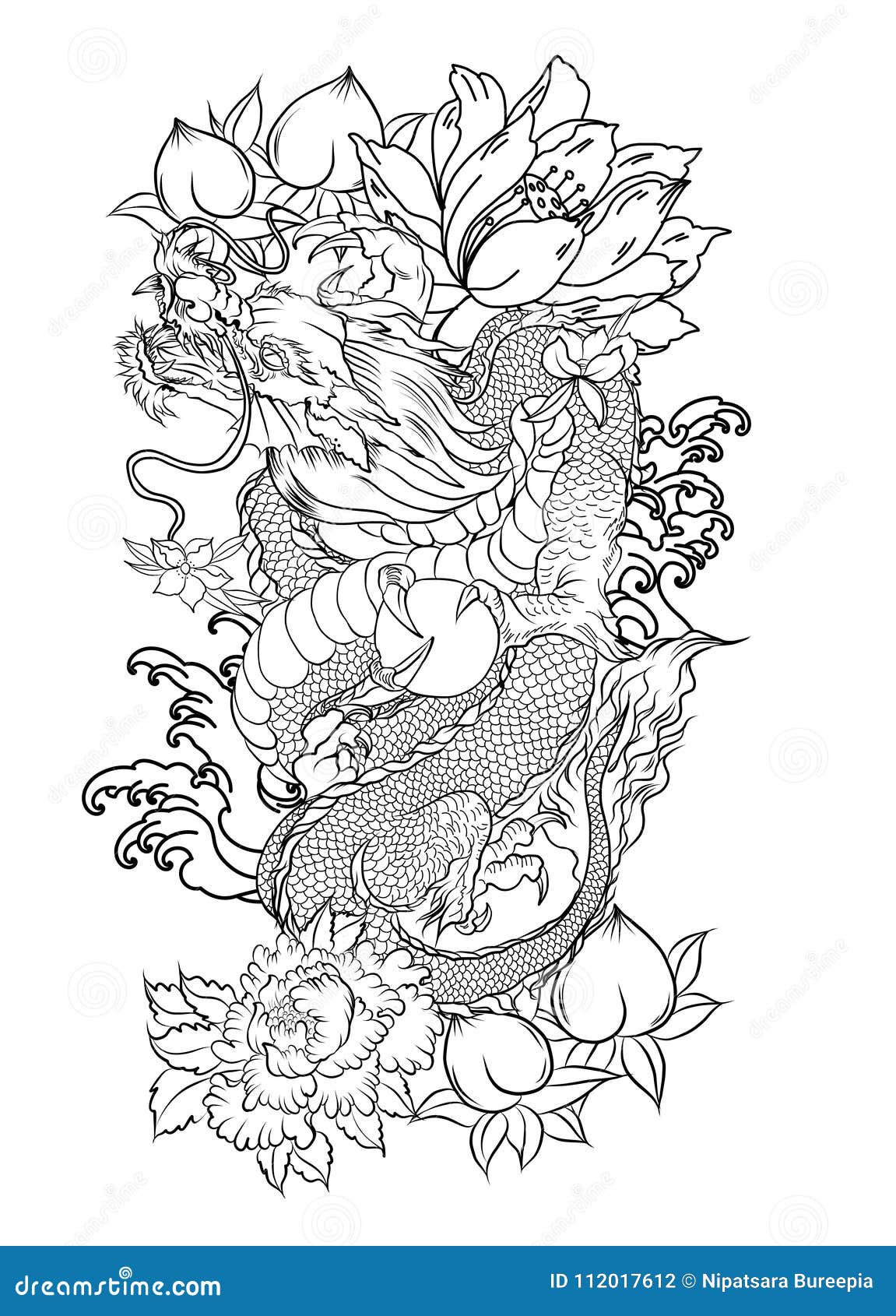 Japanese Old Dragon Tattoo for Arm.Hand Drawn Dragon with Peony Flower,lotus,rose and Chrysanthemum Flower and Water Splash Stock Vector - Illustration of doodle, black: 112017612