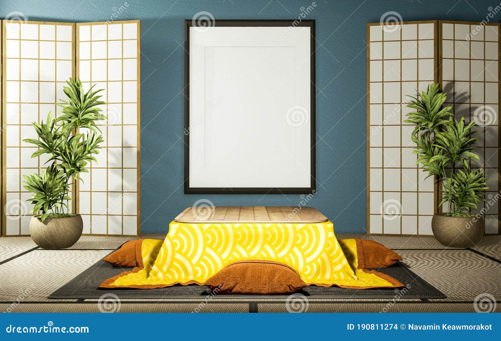 japanese partition paper wooden  and kotatsu low table on mint living room tatami floor.3d rendering