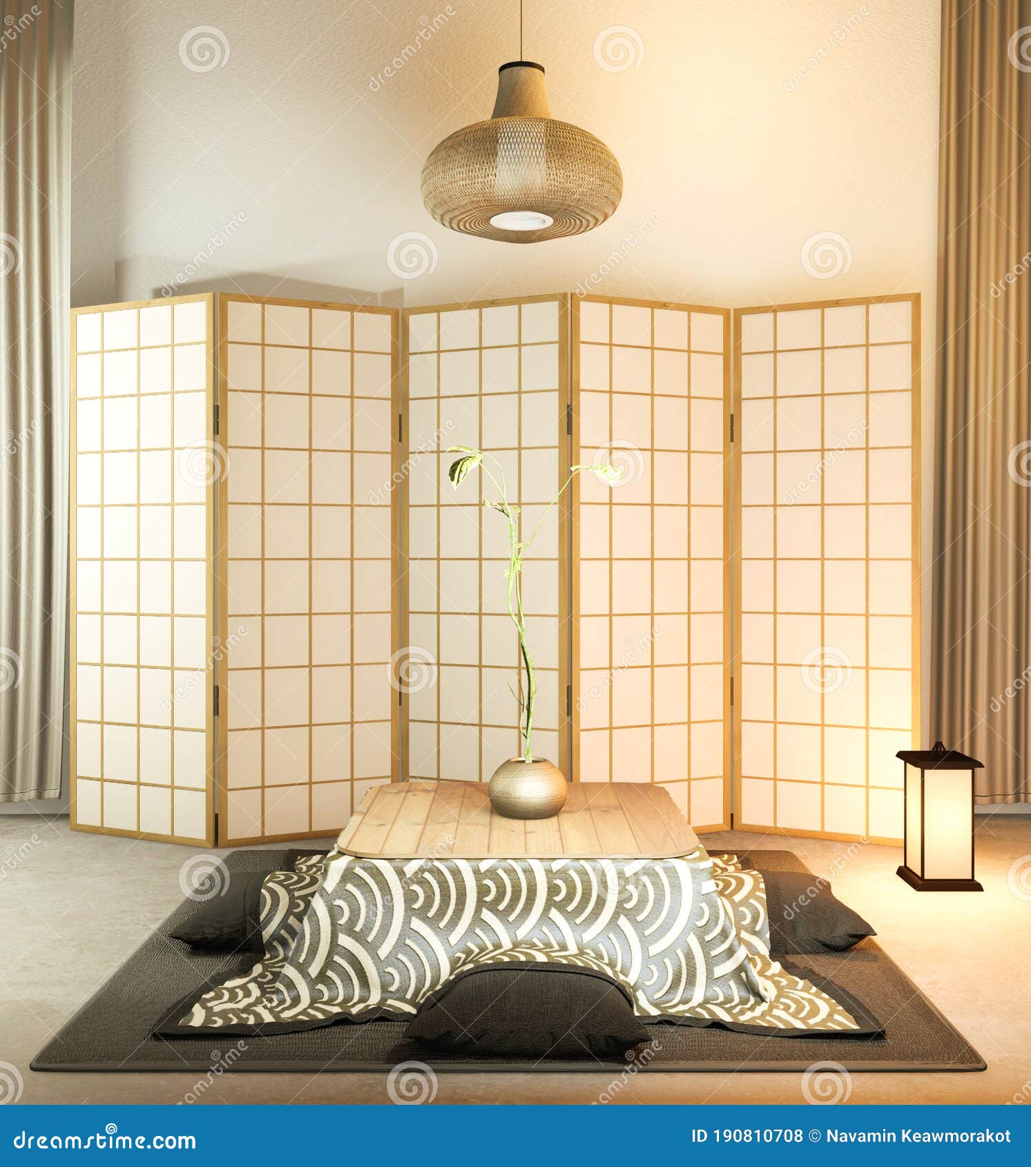 japanese partition paper wooden  on living room tatami floor.3d rendering