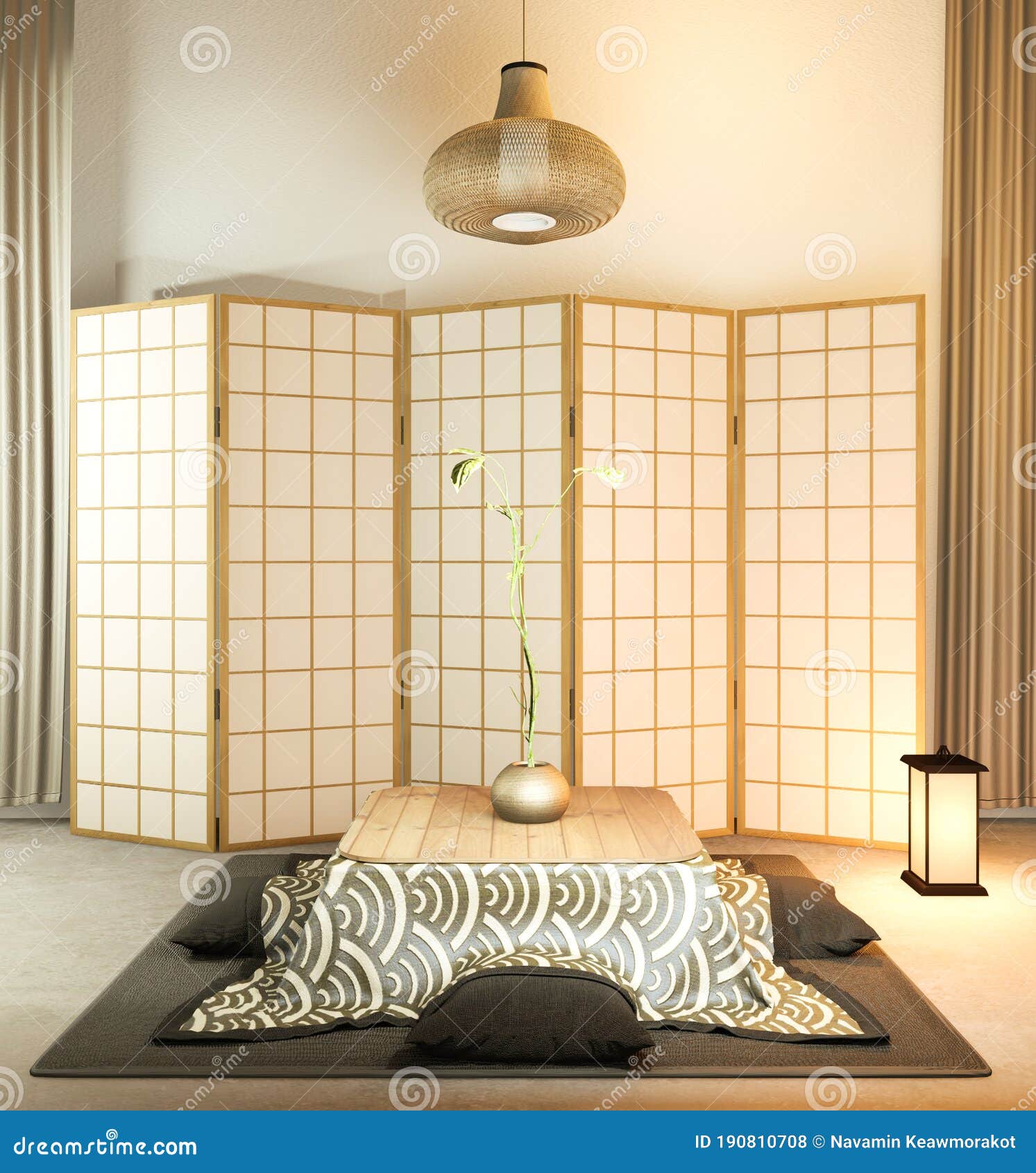 Japanese Partition Paper Wooden Design On Living Room Tatami Floor3d