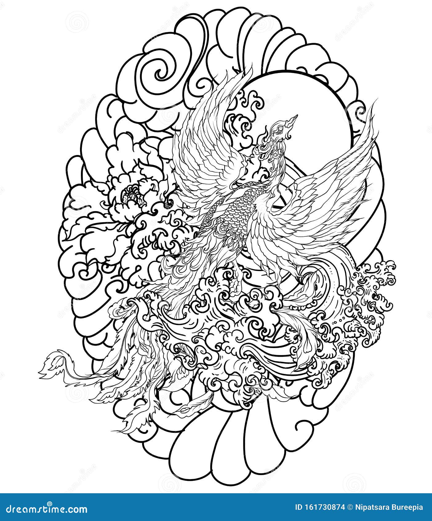 Japanese Peacock Tattoo Asian Phoenix Fire Bird Tattoo Design Colorful Phoenix Fire Bird Colouring Book Illustration Stock Vector Illustration Of Japanese Fuji