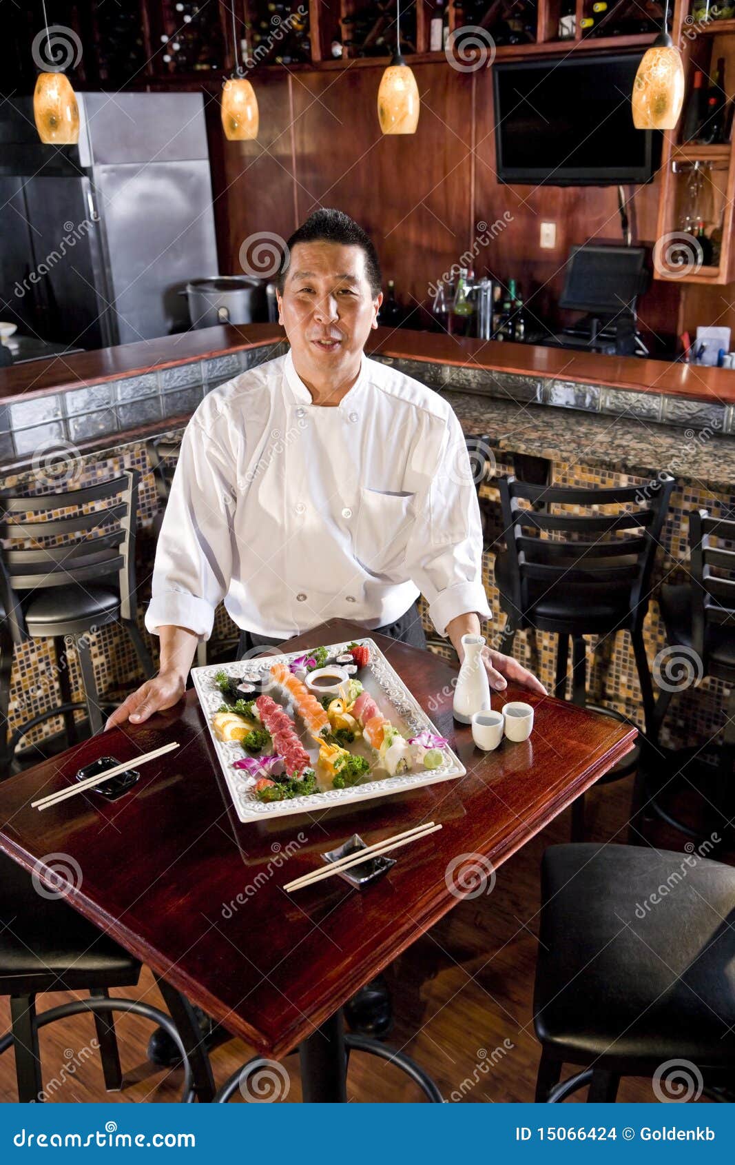 Japanese Restaurant Chef Presenting Sushi Platter Stock Photo Image