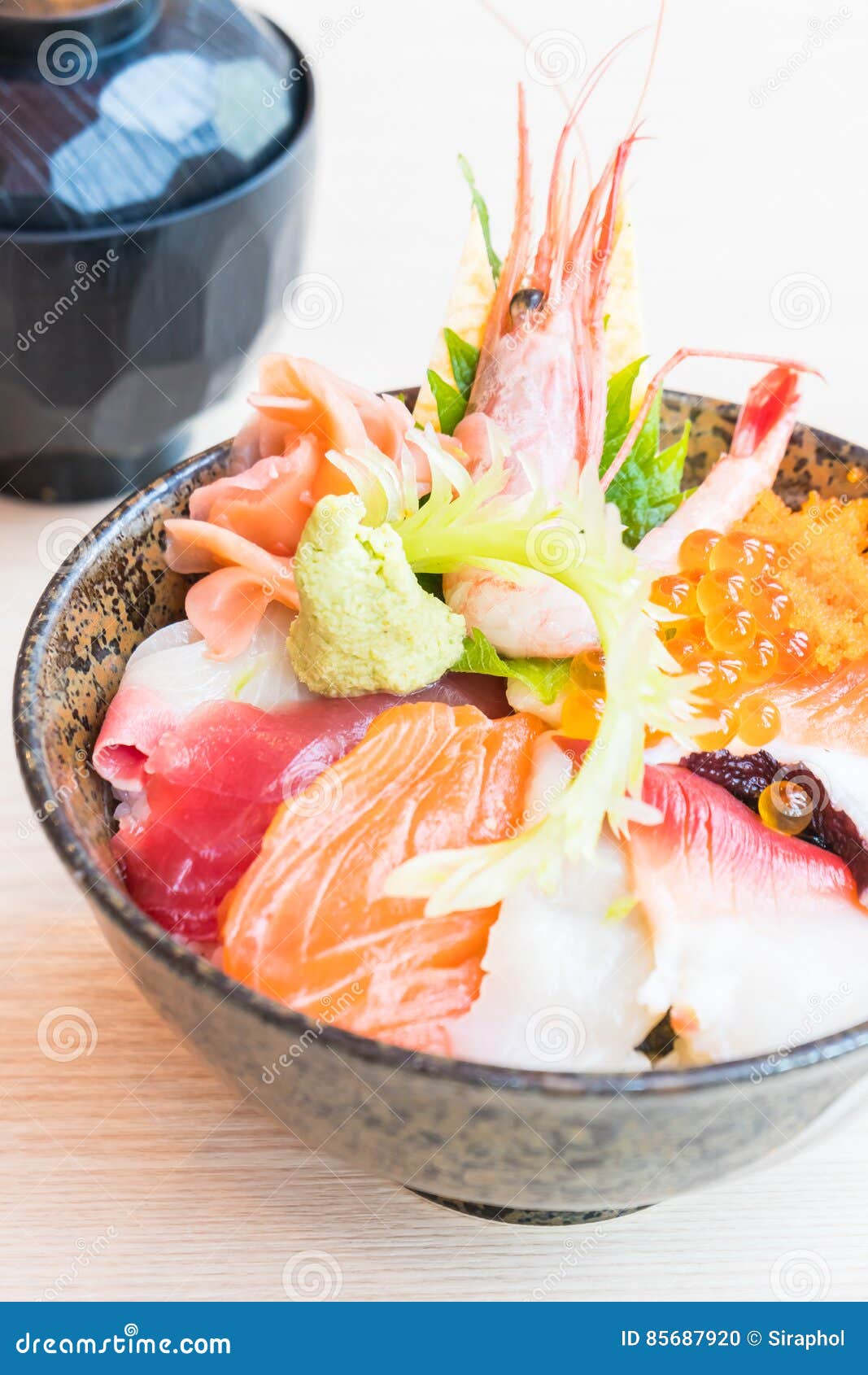 Japanese Rice Bowl with Sashimi Seafood on Top Stock Photo - Image of