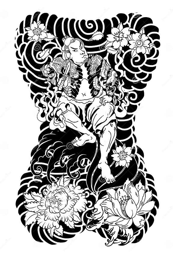 Japanese Samurai with Leaf and Dragon Tattoo Full Body.Hand Drawn ...