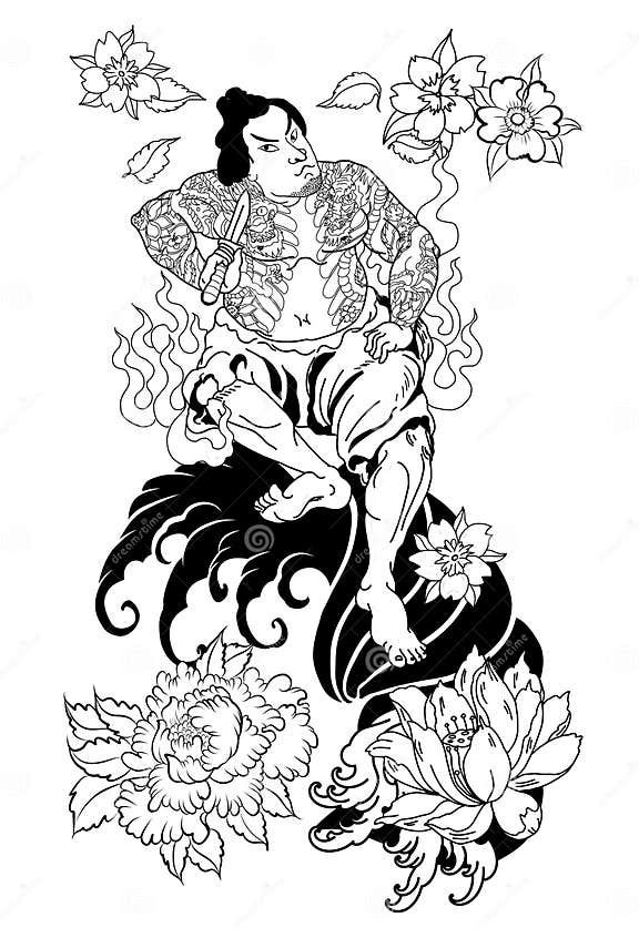 Japanese Samurai with Leaf and Dragon Tattoo Full Body Hand Drawn