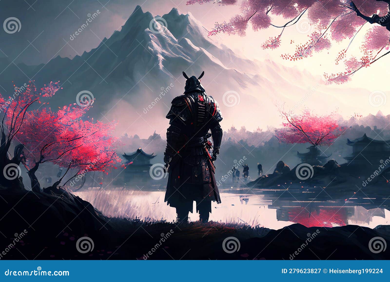 Wall Mural Lonely Samurai - Mountain Landscape, Japanese Inscription and  Anime Character - People - Wall Murals