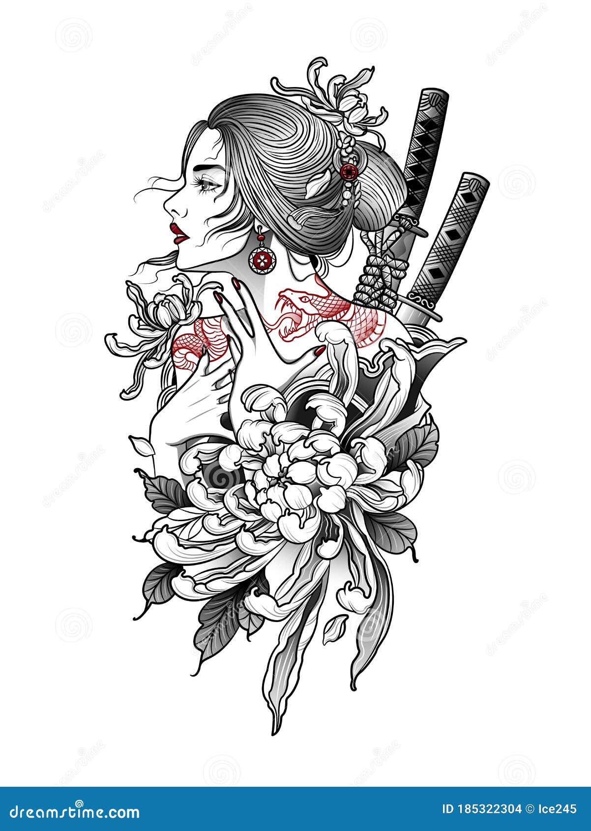 Geisha Samurai Beauty Fox Mask Oni Girl Power Flowers Sketches Temporary  Tattoo | eBay