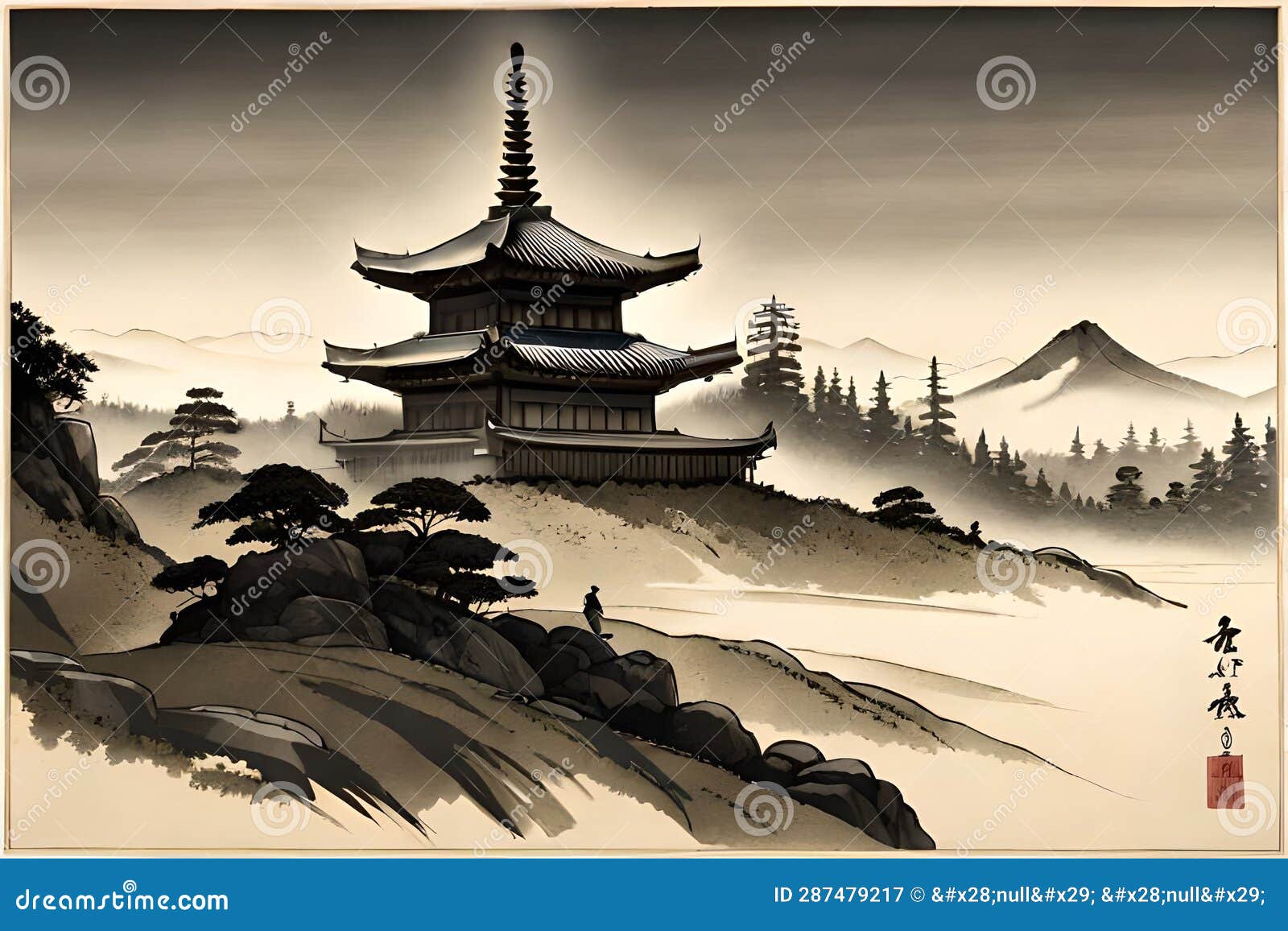 japanese semi-e style temple scroll art